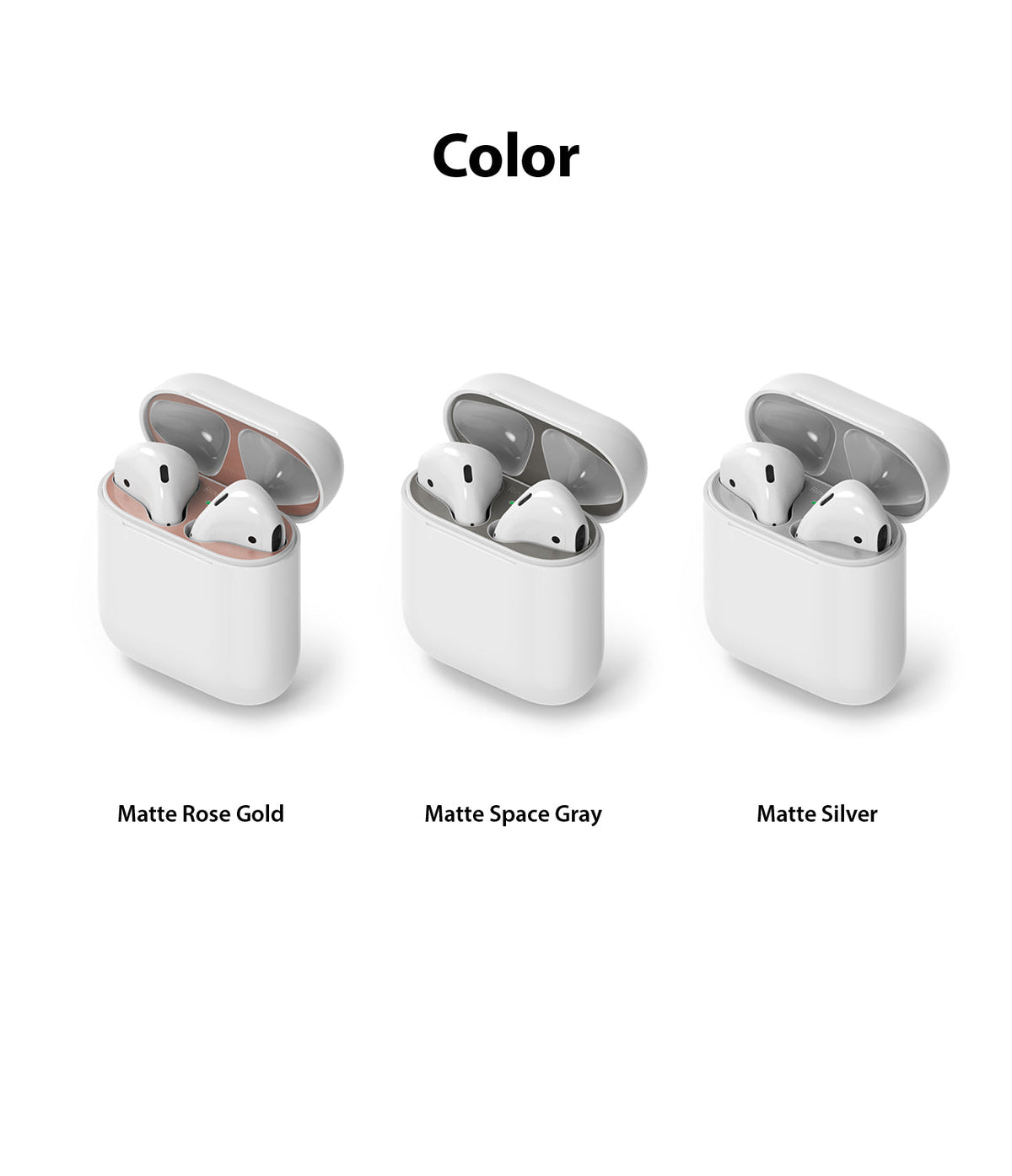 Ringke Airpods 2 / 1 Dust Guard Sticker - Three open AirPods cases with rose gold, space gray, and silver metallic dust guard stickers.