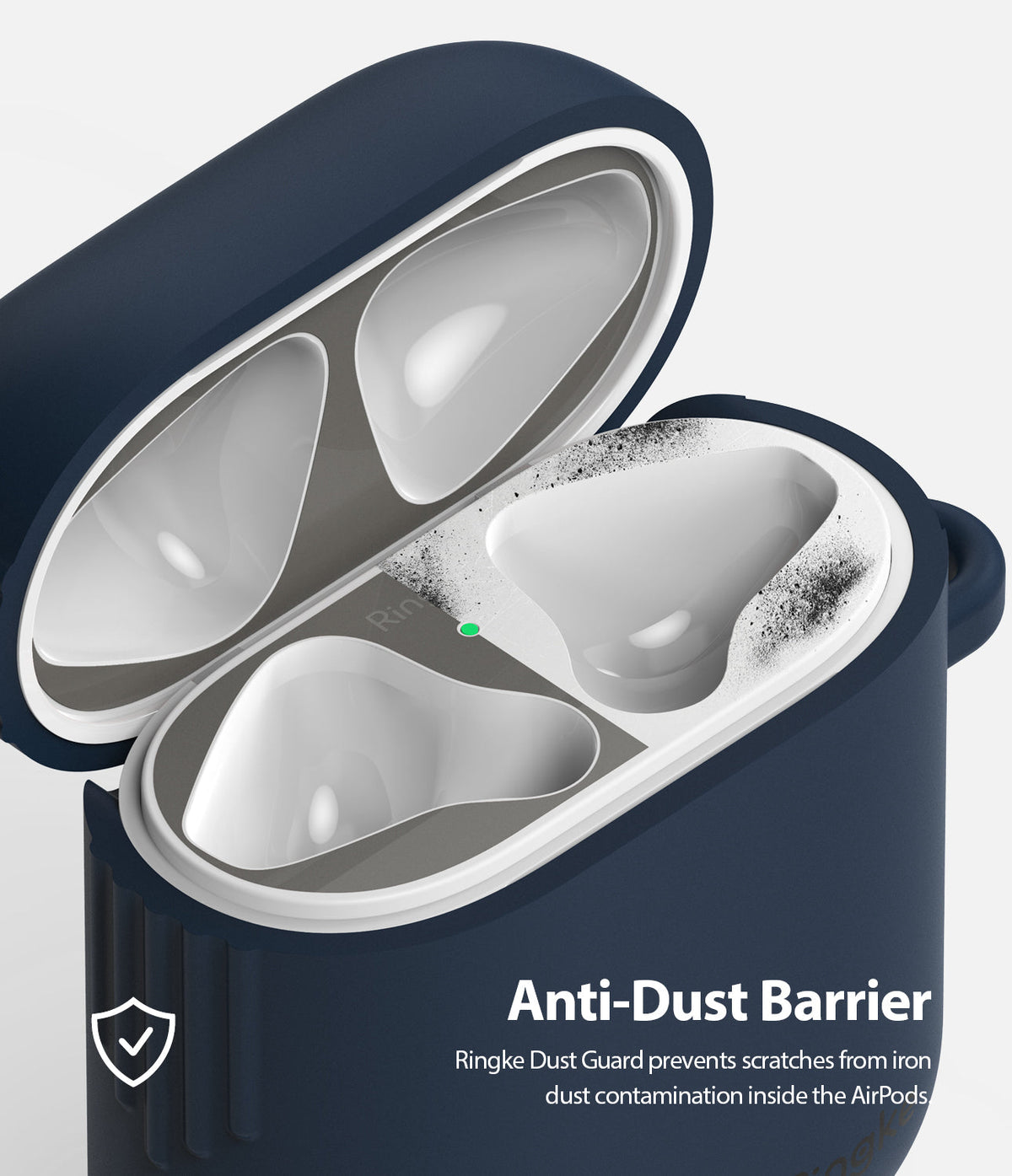 Ringke Airpods 2 / 1 Dust Guard Sticker - Open navy AirPods case showing a metallic dust guard sticker trapping debris.