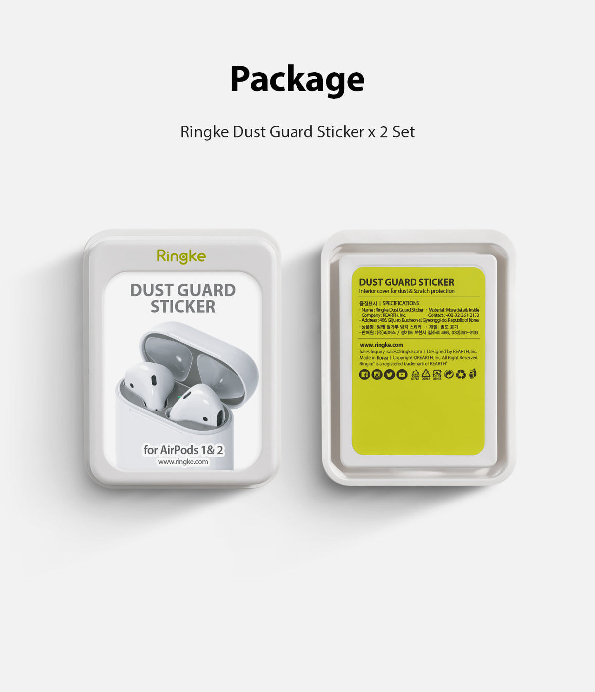 Ringke Airpods 2 / 1 Dust Guard Sticker - Two white product packages showing the dust guard sticker for AirPods 1 and 2.