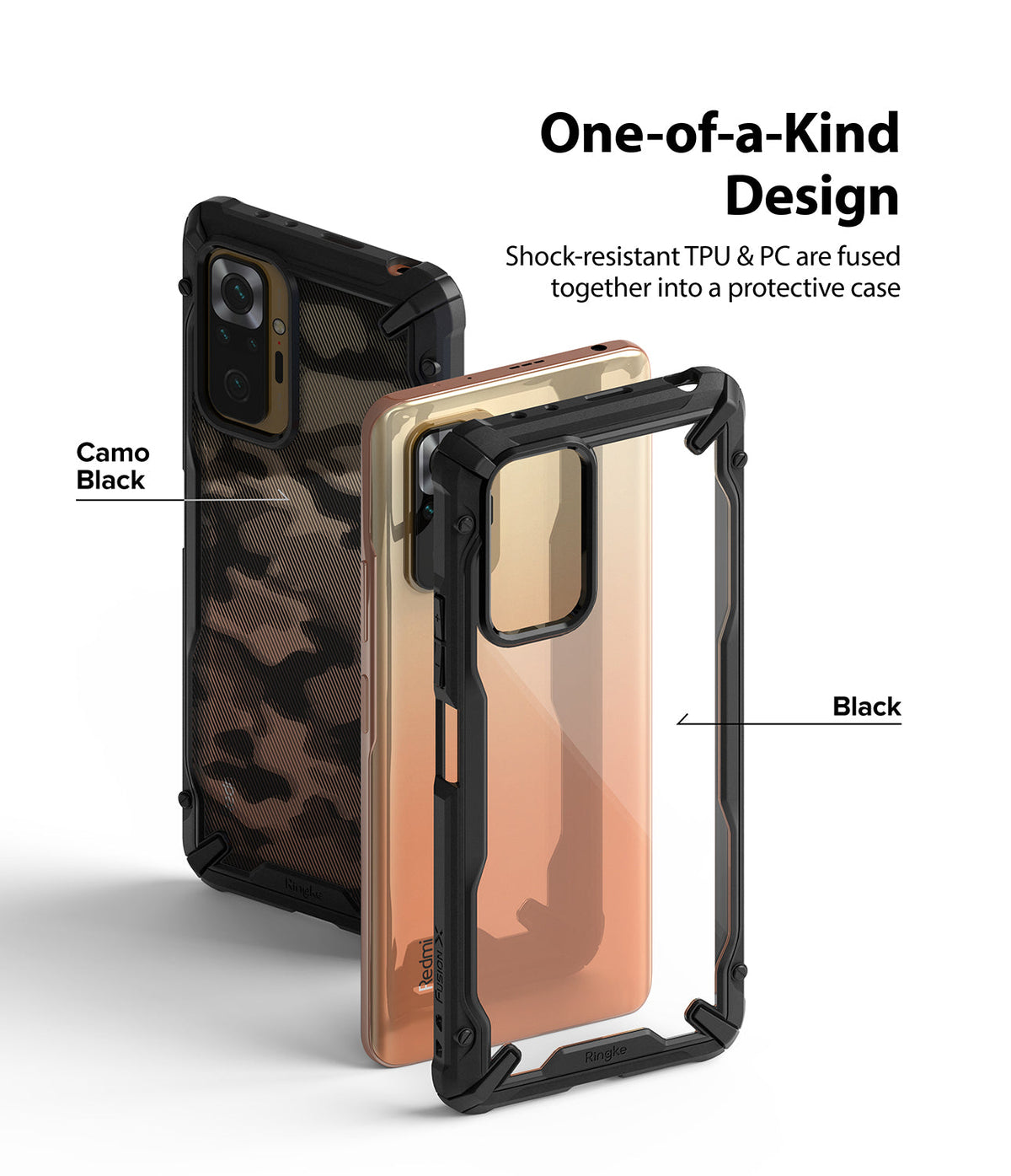 Redmi Note 10 Pro / 10 Pro Max Case | Fusion-X - Two phone cases in Camo Black and clear Black displayed with text.