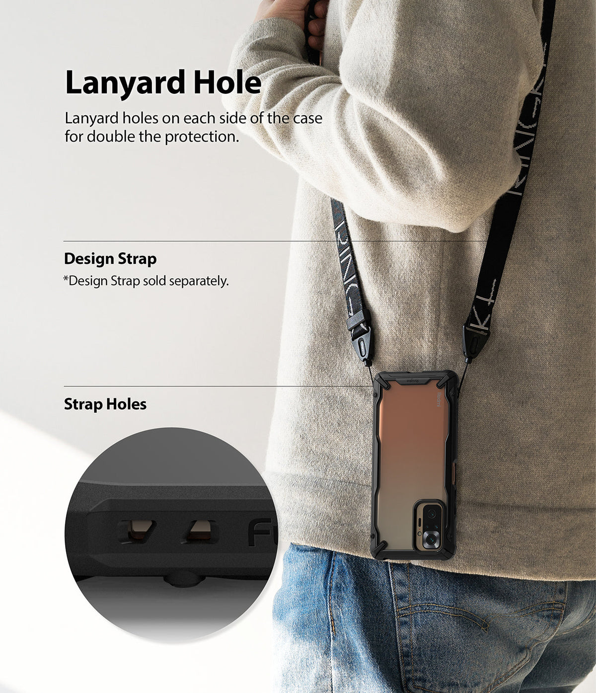 Redmi Note 10 Pro / 10 Pro Max Case | Fusion-X - Phone in a black protective case hanging from a strap with lanyard holes.