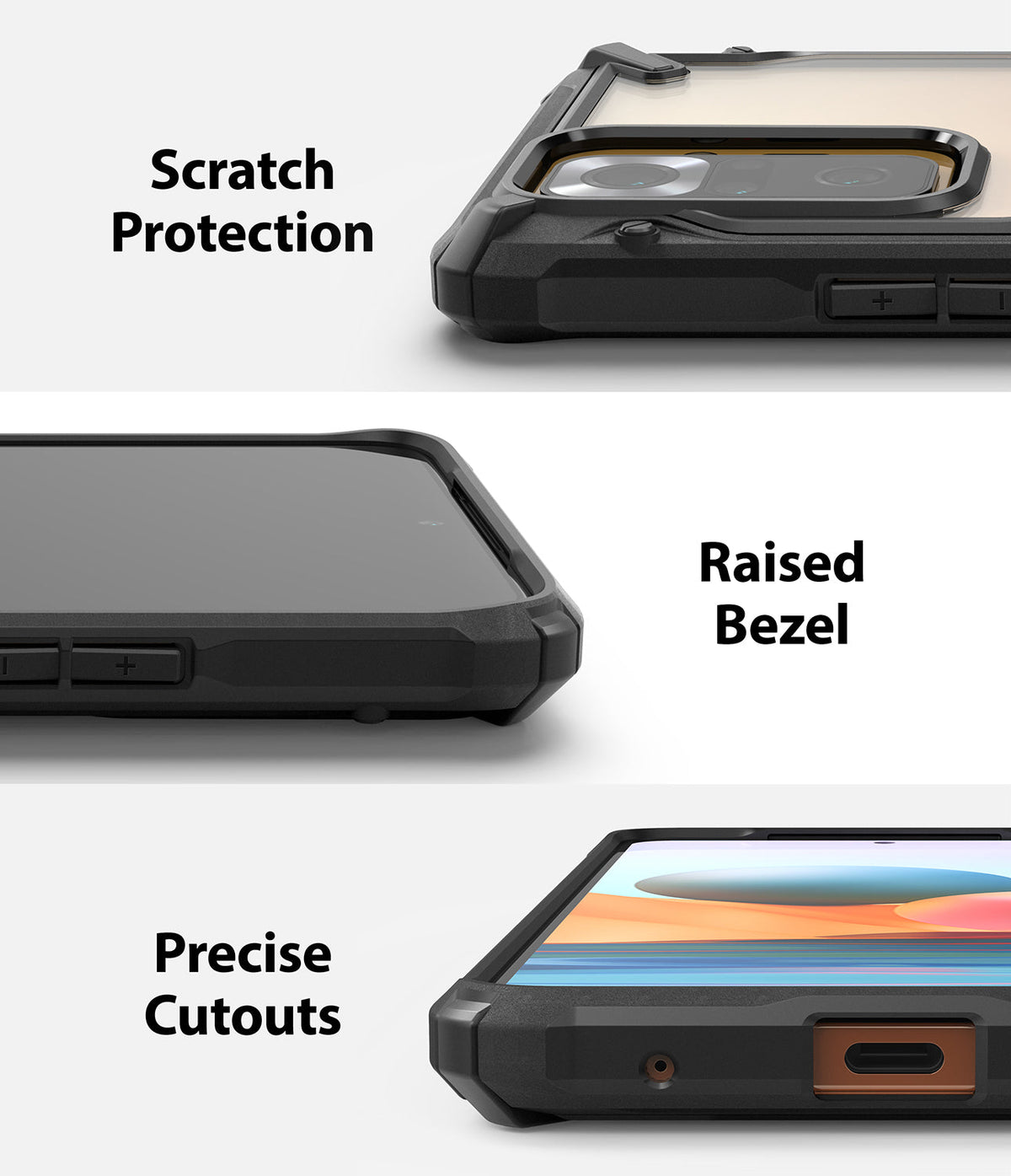 Redmi Note 10 Pro / 10 Pro Max Case | Fusion-X - Three close-up views showing scratch protection, raised bezels, and cutouts.