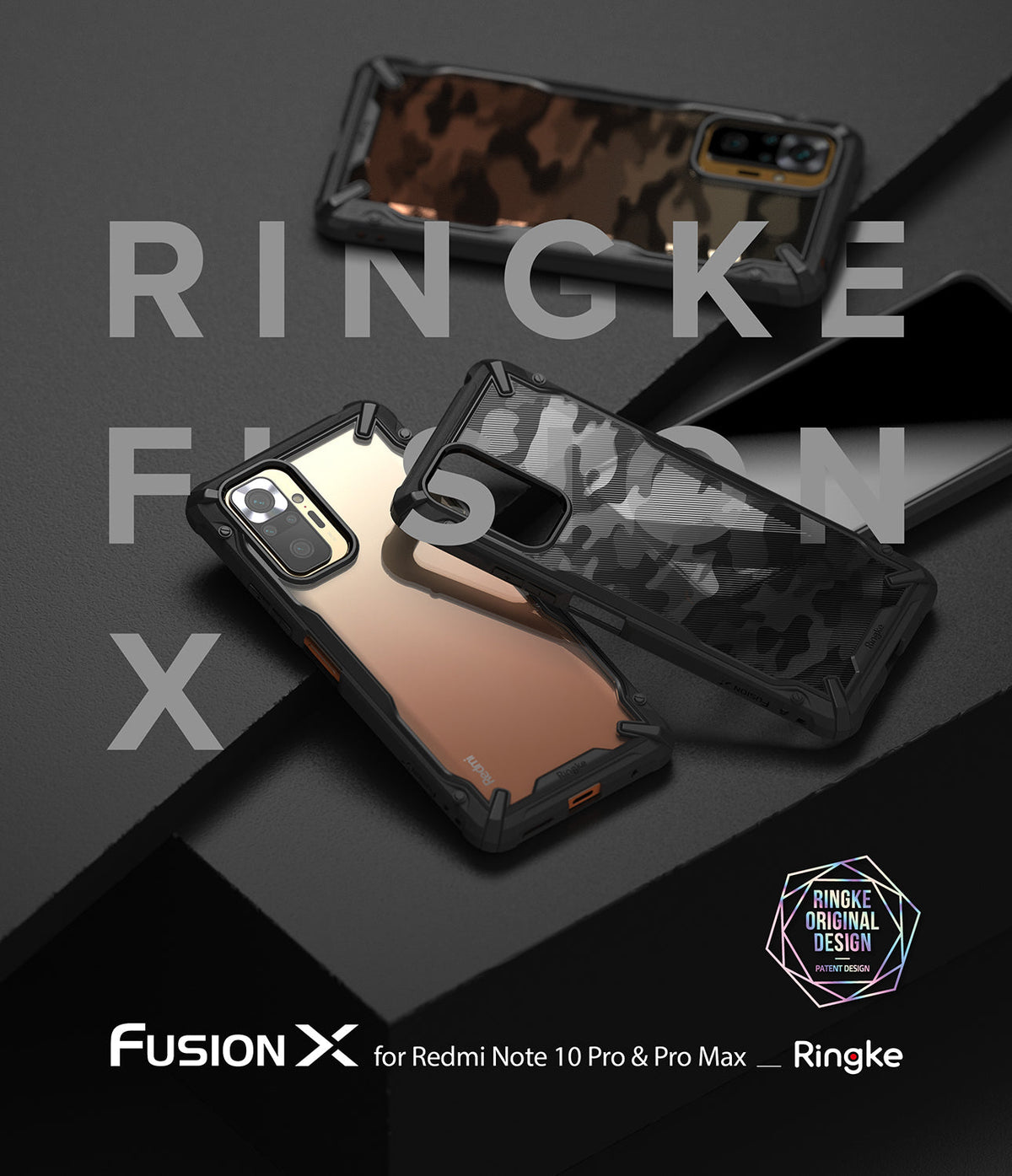 Redmi Note 10 Pro / 10 Pro Max Case | Fusion-X - Three rugged Fusion-X phone cases with camo and clear designs.