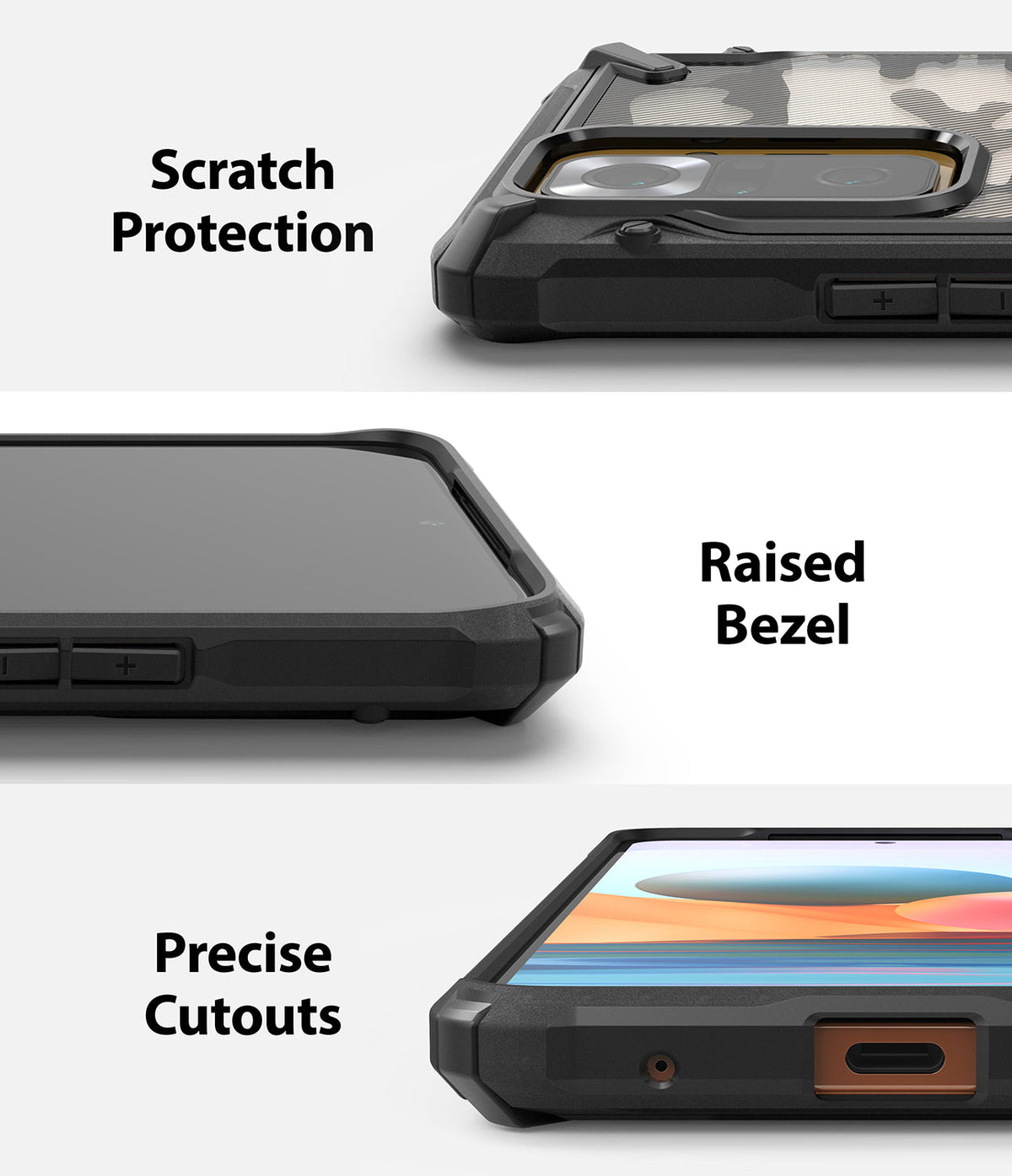 Redmi Note 10 Pro / 10 Pro Max Case | Fusion-X - Three-panel view showing camera protection, raised screen bezel, and port cutouts.