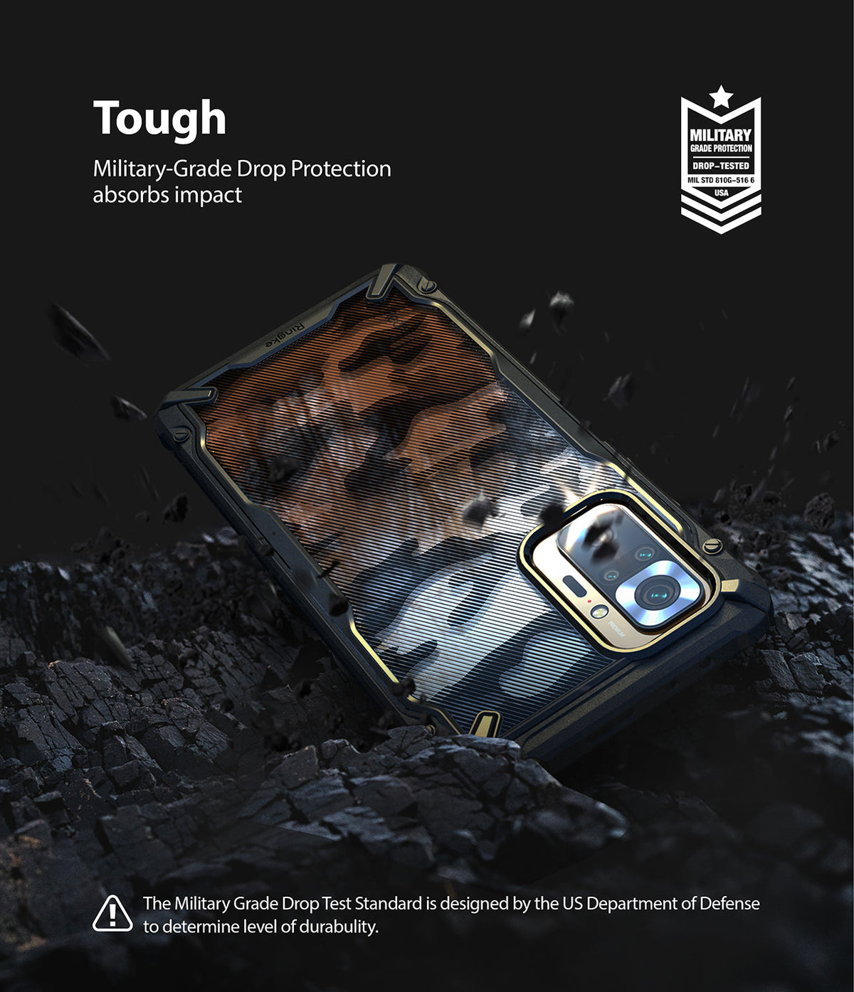 Redmi Note 10 Pro / 10 Pro Max Case | Fusion-X - Camo phone case on dark, rocky ground with military-grade protection badge.