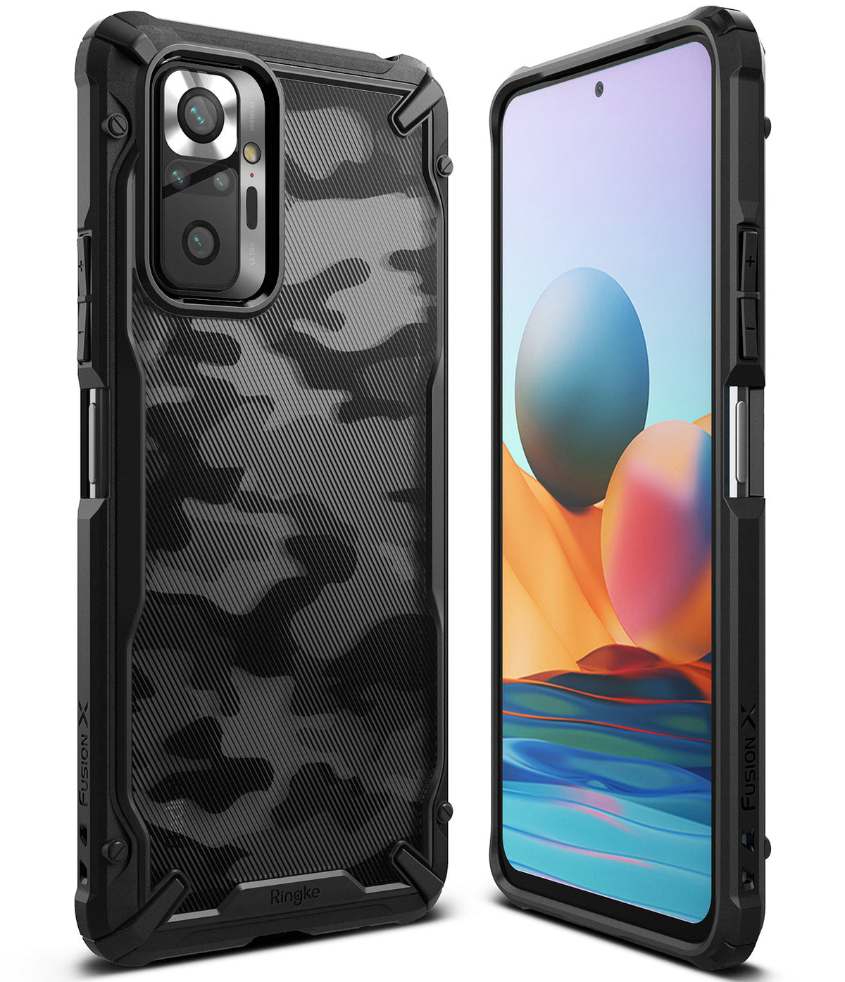 Redmi Note 10 Pro / 10 Pro Max Case | Fusion-X - Black rugged phone case with camo back and front screen view.
