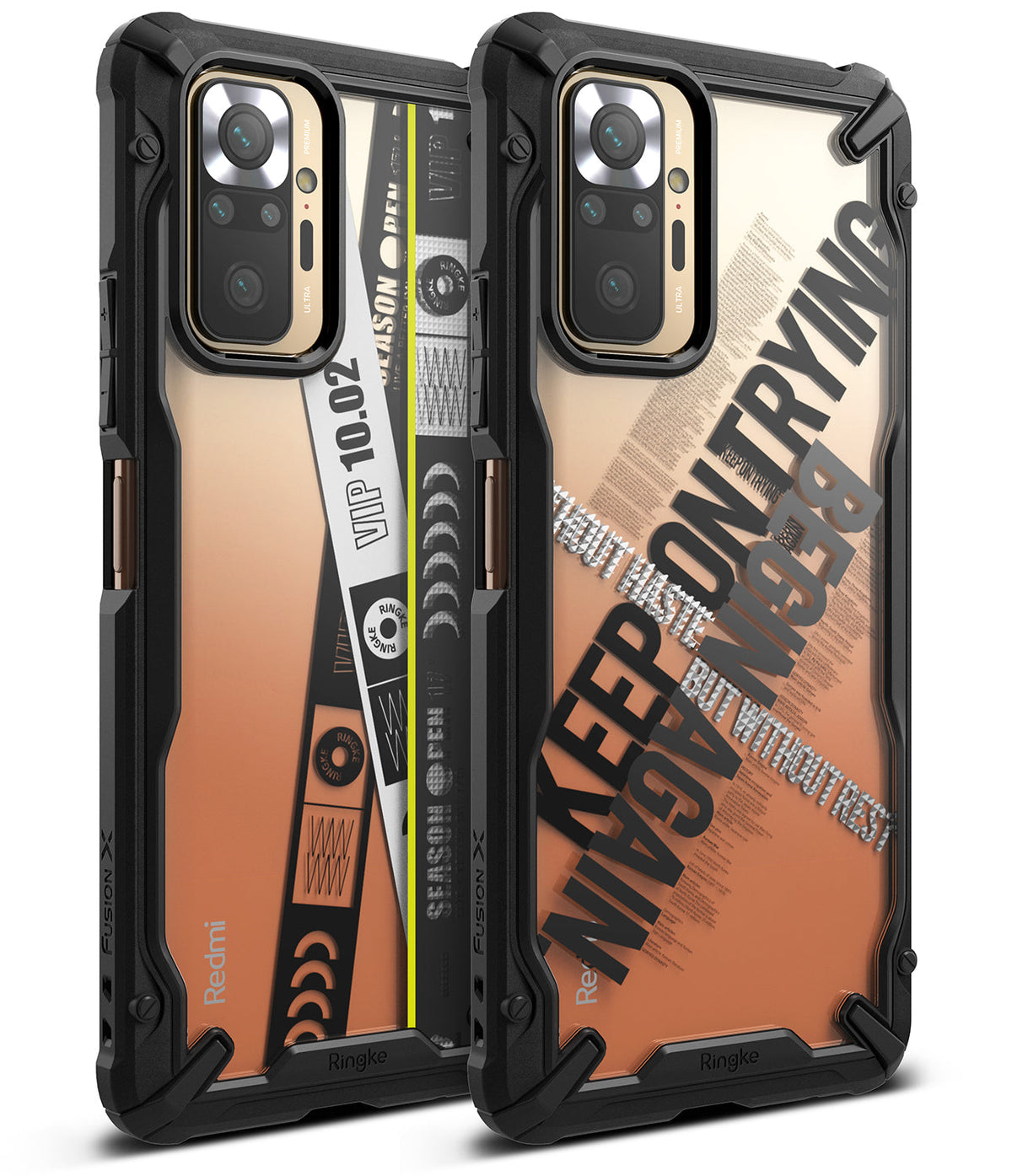 Redmi Note 10 Pro / 10 Pro Max Case | Fusion-X Design - Redmi Note 10 Pro / 10 Pro Max Case - Two Fusion-X phone cases with black bumpers and graphic-printed clear backs.