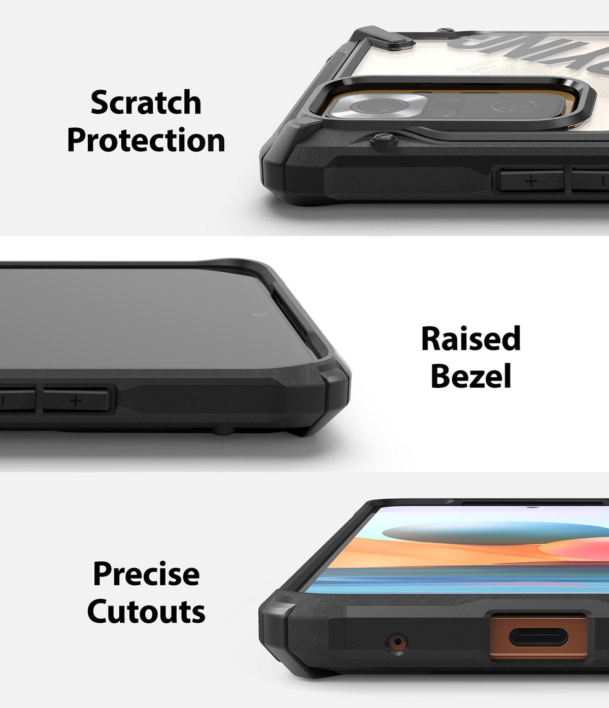 Redmi Note 10 Pro / 10 Pro Max Case | Fusion-X Design - Redmi Note 10 Pro / 10 Pro Max Case - Close-ups showing camera protection, raised screen bezels, and precise port cutouts.