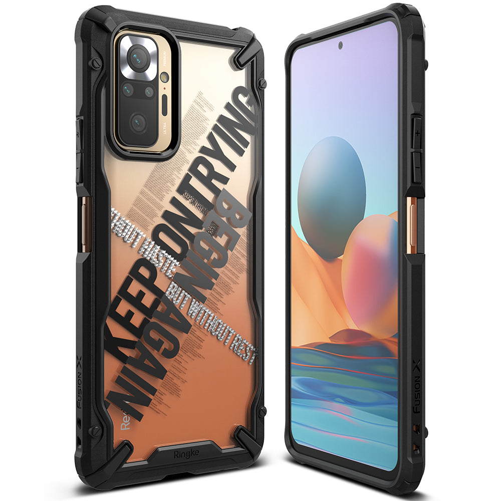 Redmi Note 10 Pro / 10 Pro Max Case | Fusion-X Design - Redmi Note 10 Pro / 10 Pro Max Case - Rugged black phone case with clear back, bold text design, and reinforced corners.