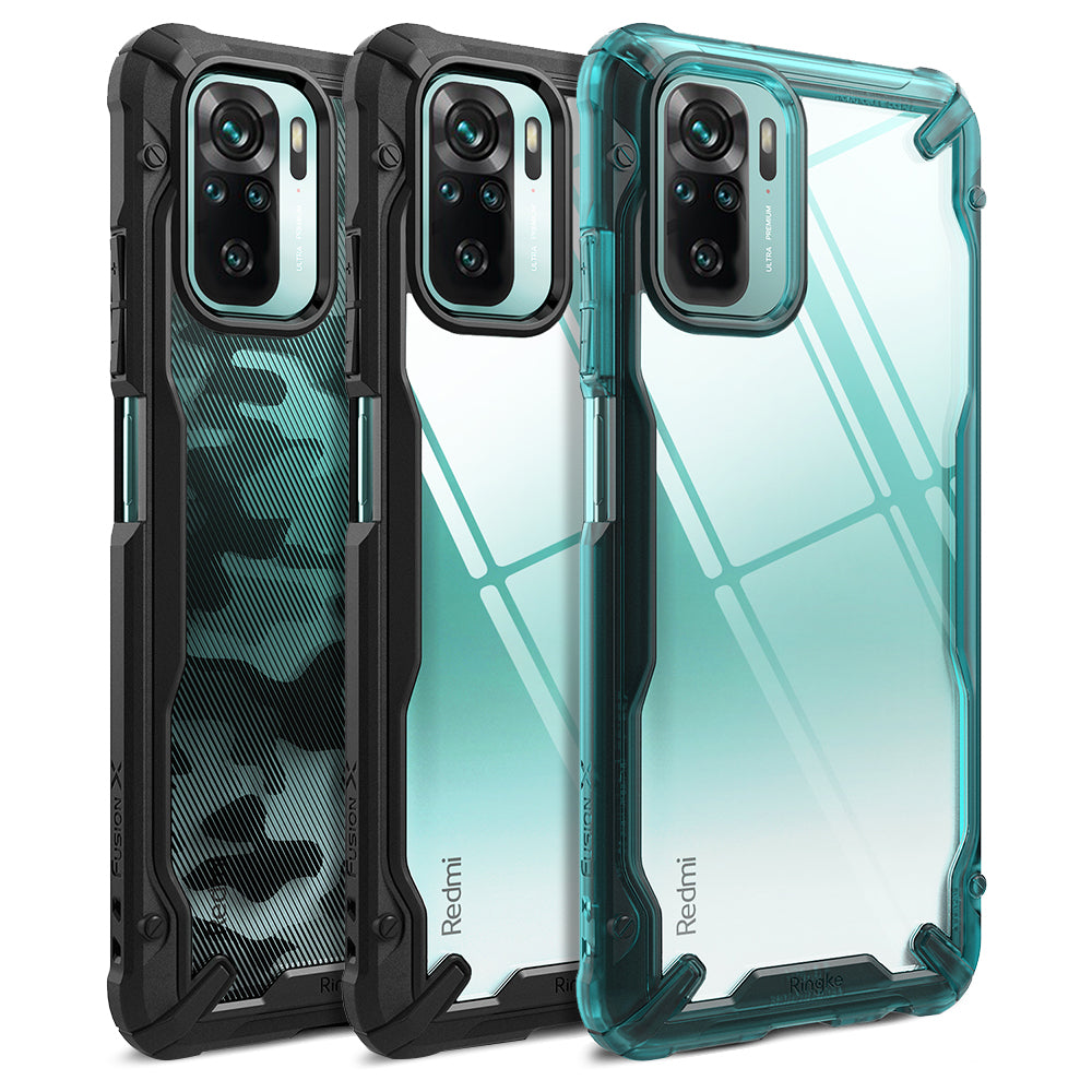 Redmi Note 10 / 10s Case | Fusion-X - Three protective phone cases in camo, clear black, and clear teal designs.