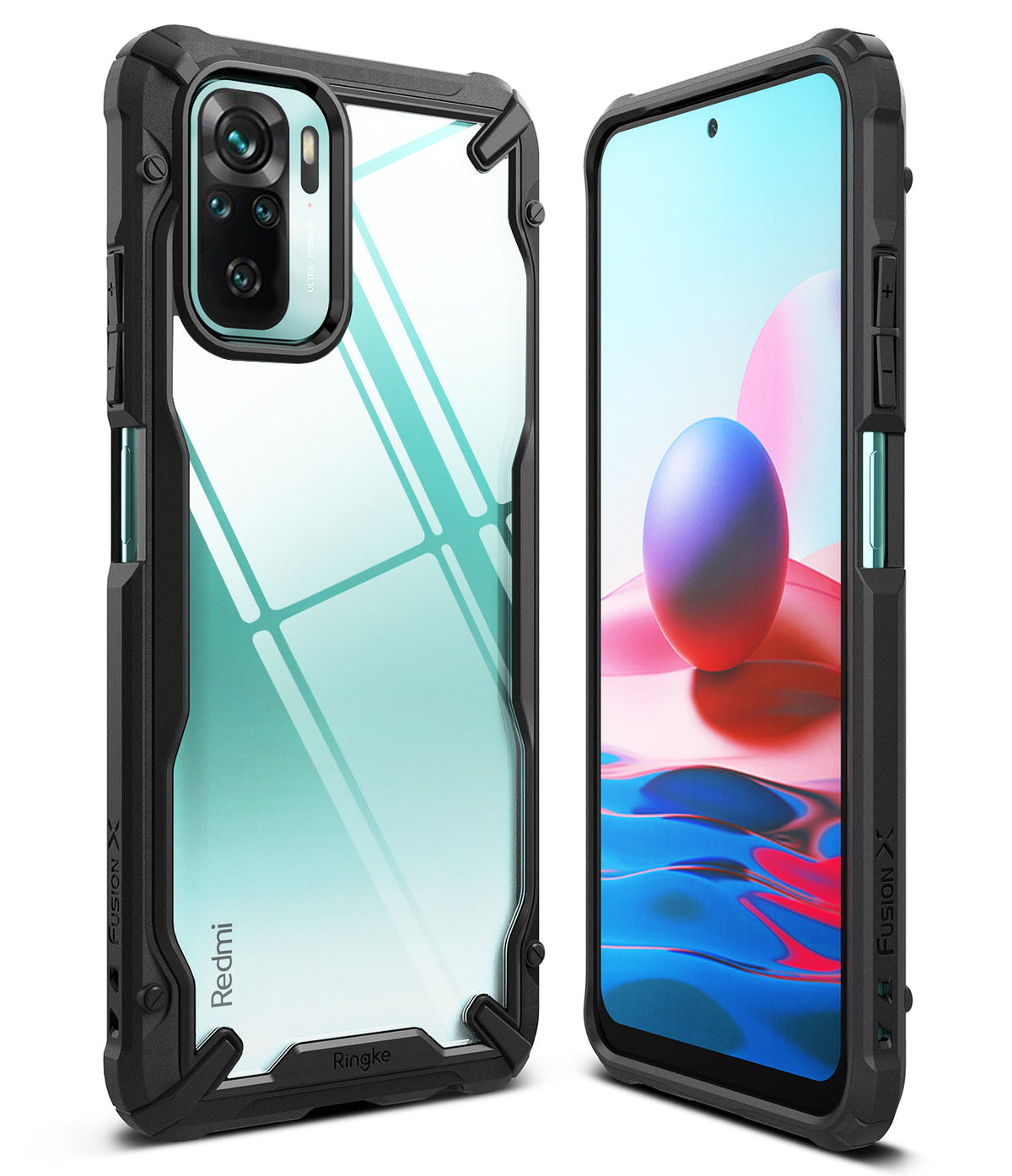Redmi Note 10 / 10s Case | Fusion-X - Black rugged protective case with clear back shown from front and rear angles.