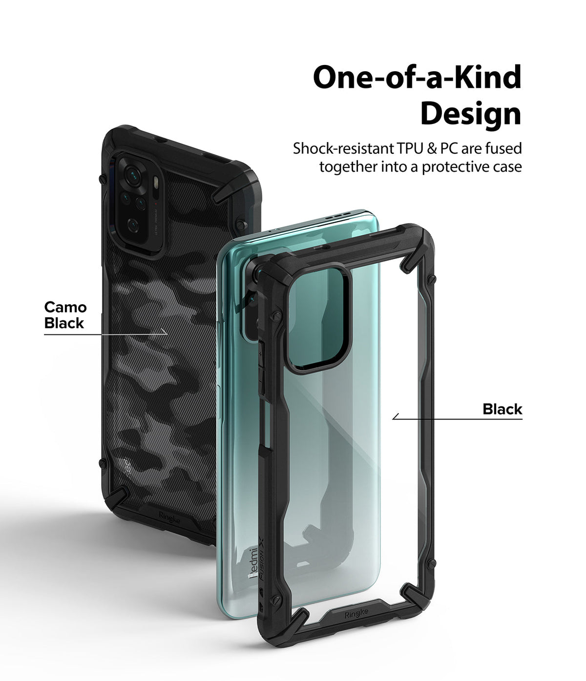 Redmi Note 10 / 10s Case | Fusion-X - Two Redmi Note 10 cases in Camo Black and clear Black styles with shock-resistant frames.