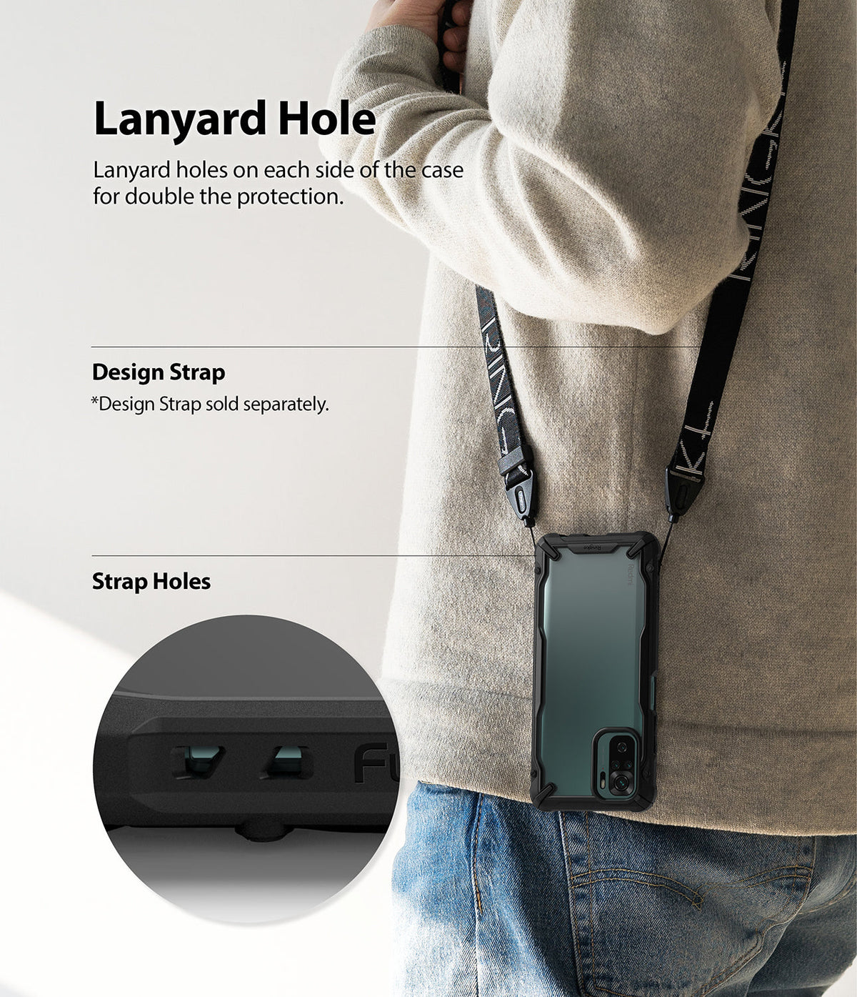 Redmi Note 10 / 10s Case | Fusion-X - Person wearing a phone case with a lanyard strap and a close-up of the dual strap holes.
