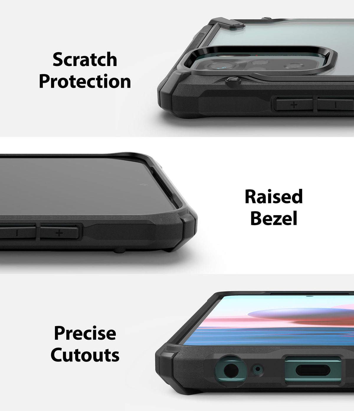 Redmi Note 10 / 10s Case | Fusion-X - Three close-up views showing camera protection, raised screen bezels, and port cutouts.