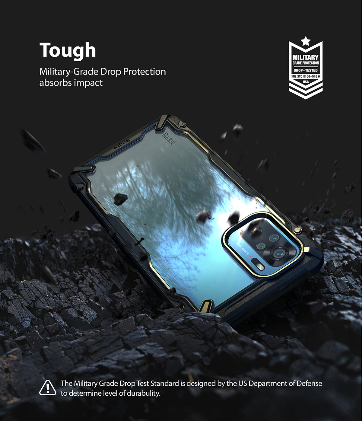 Redmi Note 10 / 10s Case | Fusion-X - Rugged black phone case on dark, rocky ground with military-grade drop protection badge.