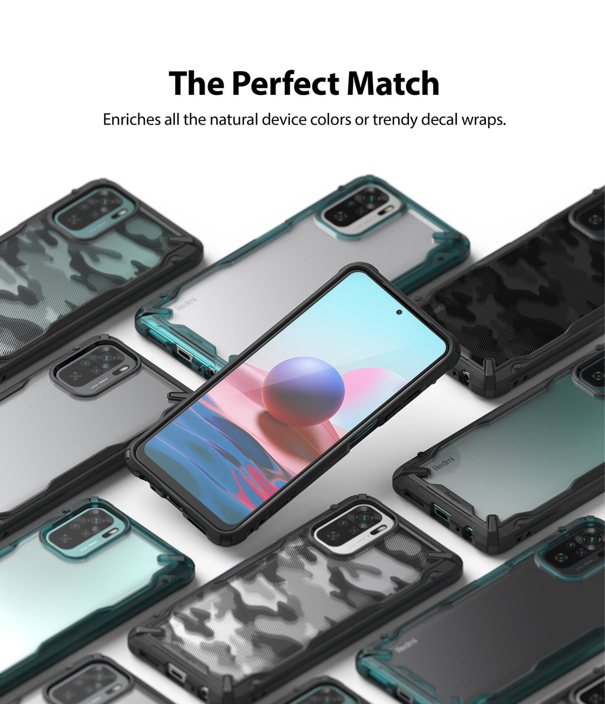 Redmi Note 10 / 10s Case | Fusion-X - Multiple Redmi Note 10 phones in various clear and camouflage Fusion-X cases arranged on a white background.