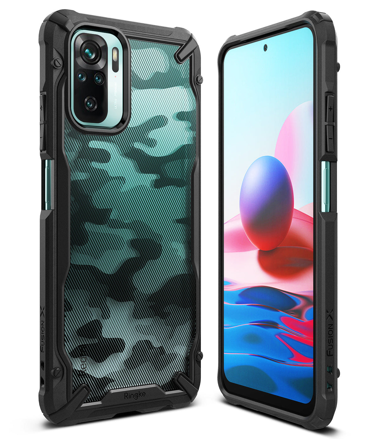 Redmi Note 10 / 10s Case | Fusion-X - Rugged black phone case with a teal camo back, shown from front and back angles.