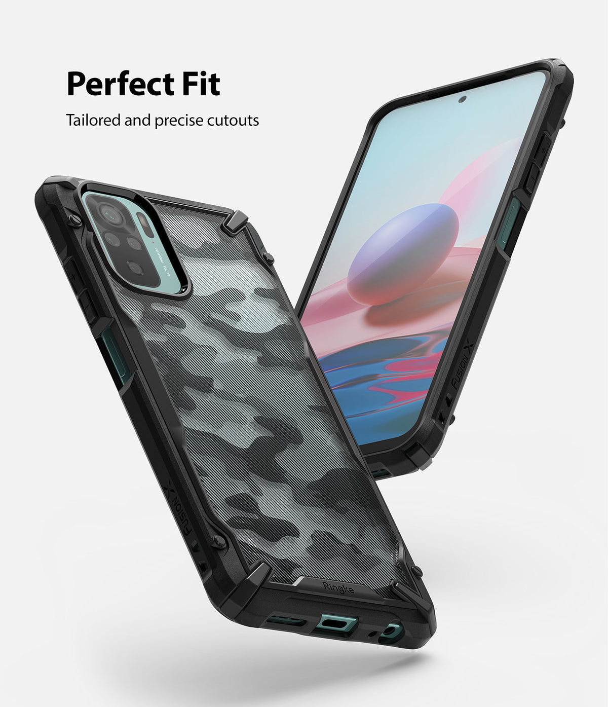 Redmi Note 10 / 10s Case | Fusion-X - Camouflage patterned phone case with black bumper frame shown from front and back.