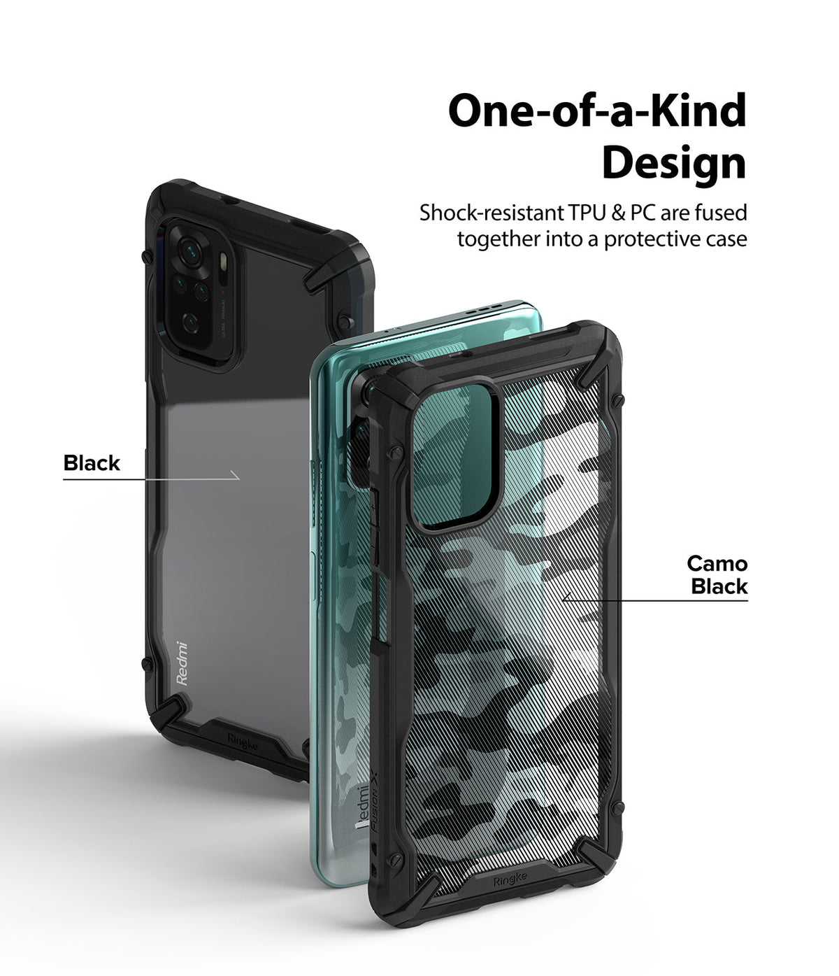 Redmi Note 10 / 10s Case | Fusion-X - Two Redmi Note 10 phones in black and camo black shock-resistant protective cases.