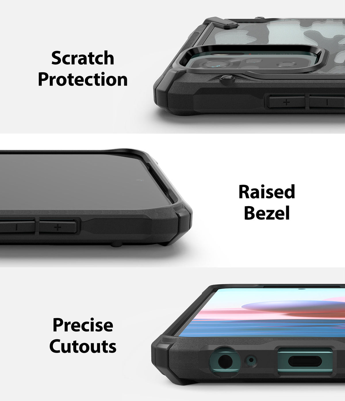 Redmi Note 10 / 10s Case | Fusion-X - Close-up views showing camera protection, raised screen bezels, and precise port cutouts.