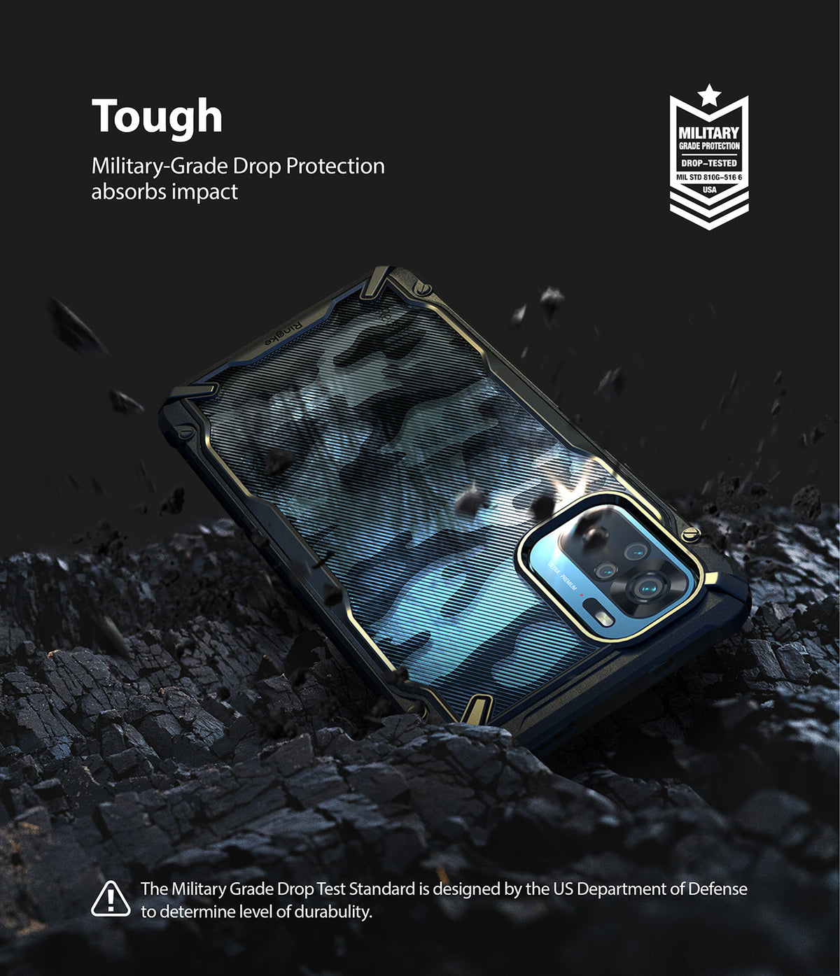 Redmi Note 10 / 10s Case | Fusion-X - Camouflage phone case on dark, rocky ground with military-grade drop protection text.