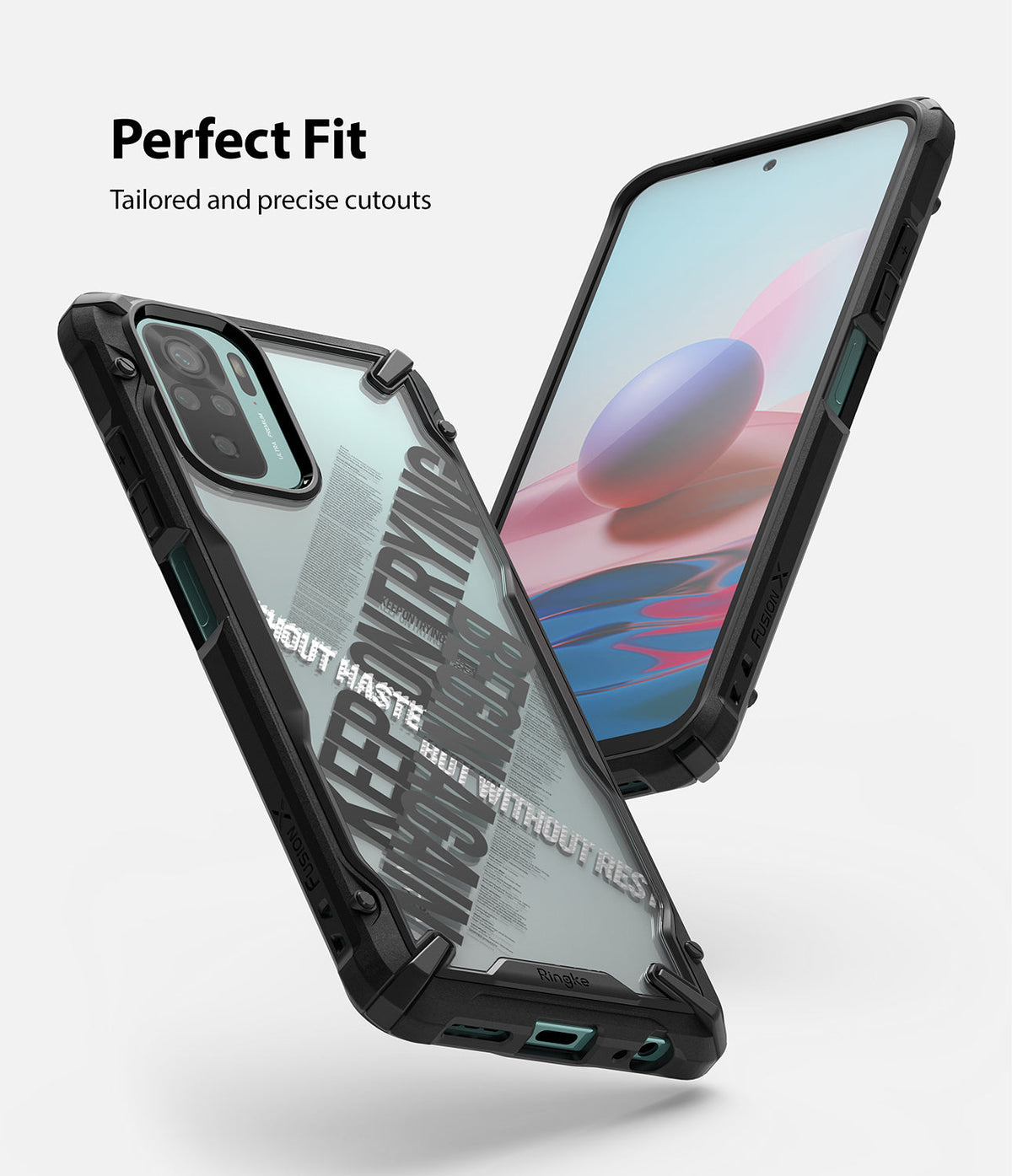 Redmi Note 10 / 10s Case | Fusion-X Design - Redmi Note 10 / 10s Case - Fusion-X Design - Rugged black phone case with clear back and text overlay on a smartphone.