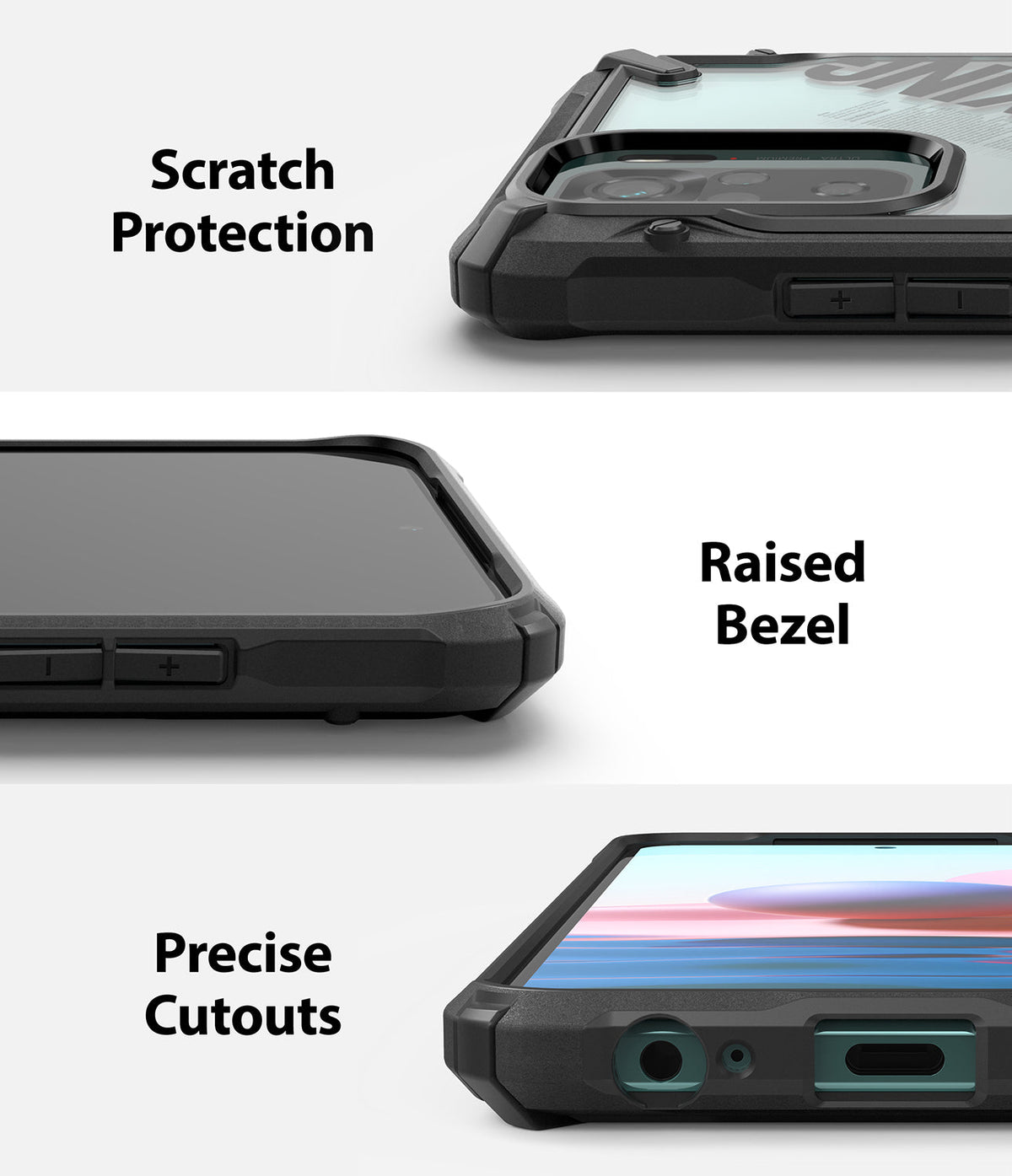 Redmi Note 10 / 10s Case | Fusion-X Design - Close-ups showing camera protection, raised screen bezels, and port cutouts.