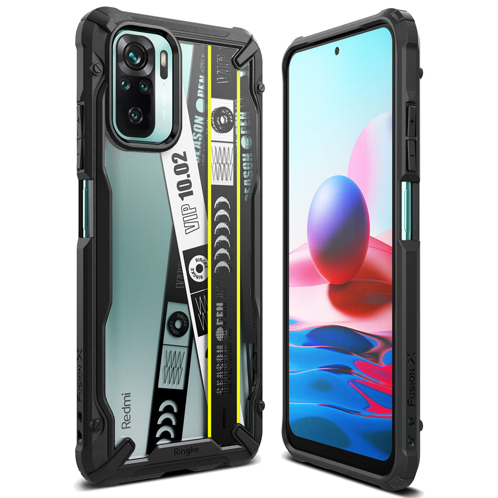 Redmi Note 10 / 10s Case | Fusion-X Design - Redmi Note 10 / 10s Case - Fusion-X Design - Rugged black protective case with a clear back featuring graphic prints.