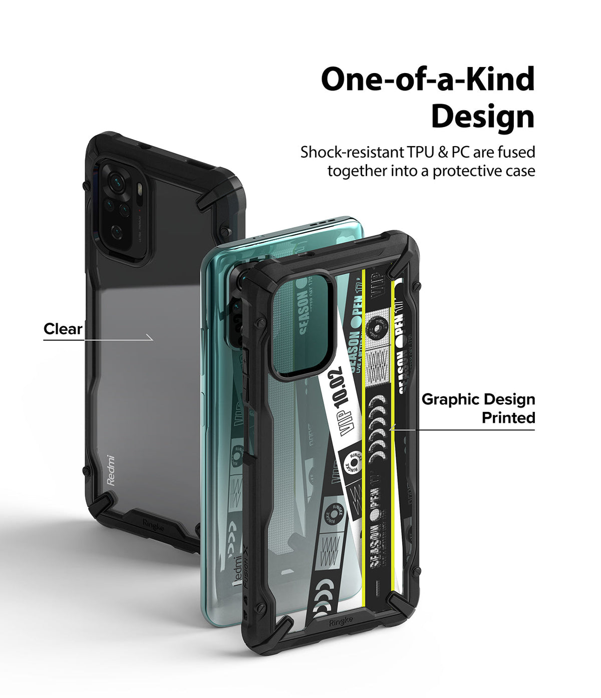 Redmi Note 10 / 10s Case | Fusion-X Design - Redmi Note 10 / 10s Case - Two Fusion-X cases showing clear and graphic-printed back designs with shock-resistant frames.