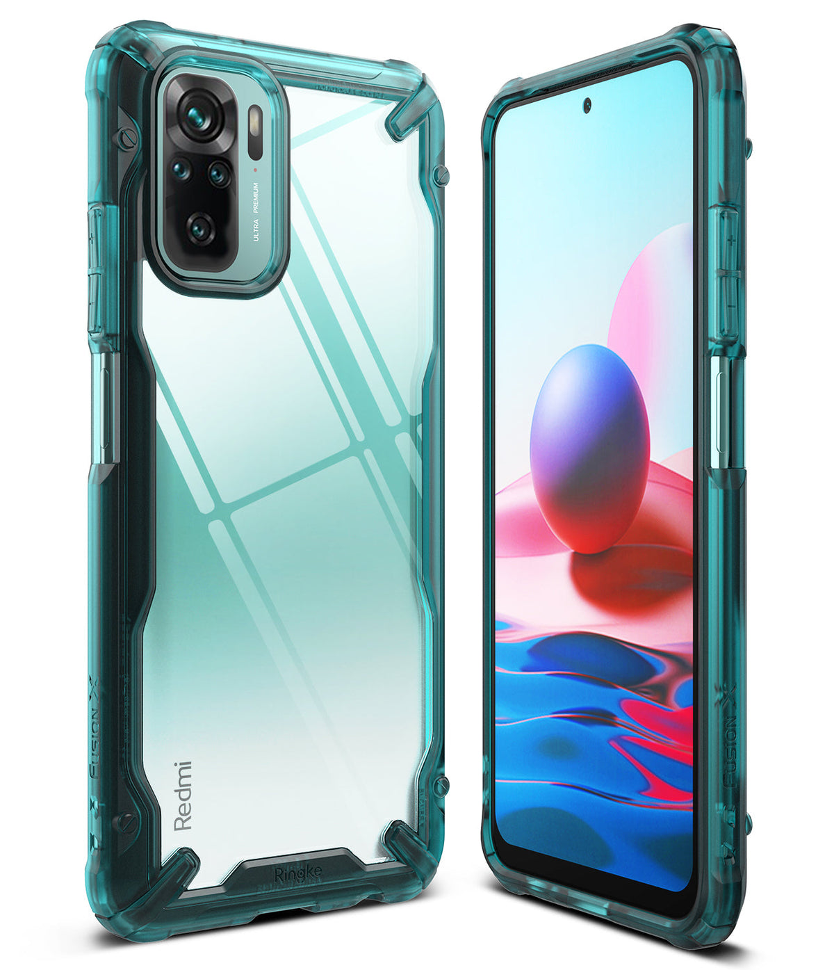 Redmi Note 10 / 10s Case | Fusion-X - Teal transparent protective phone case shown from front and back angles.
