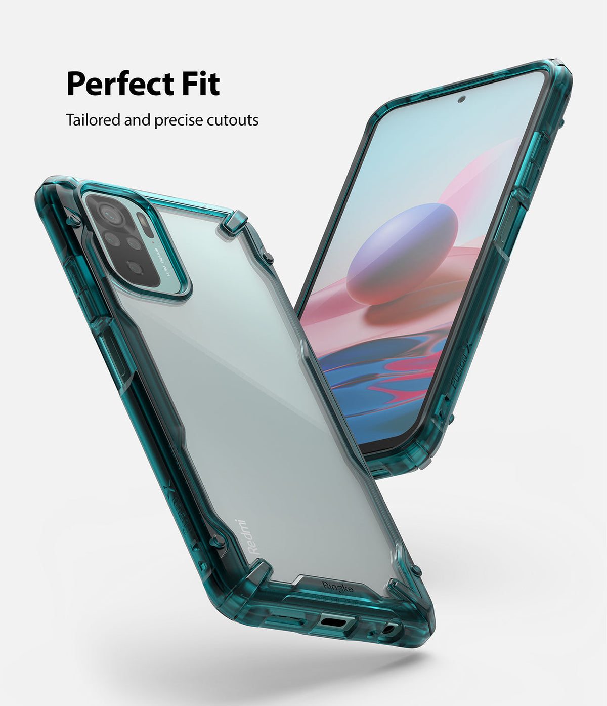 Redmi Note 10 / 10s Case | Fusion-X - Teal-tinted transparent phone case shown from front and back angles on white.