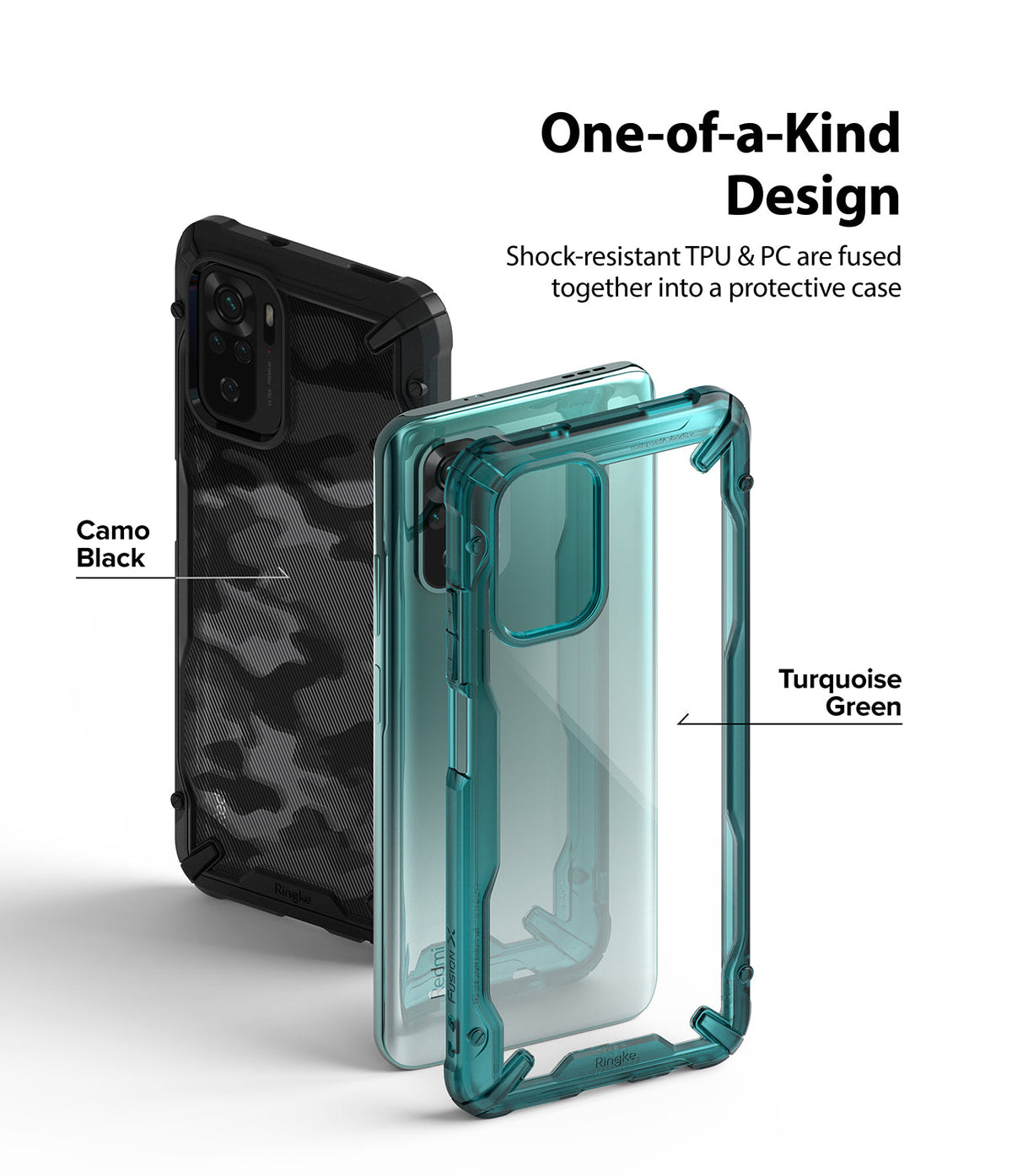 Redmi Note 10 / 10s Case | Fusion-X - Camo Black and Turquoise Green protective phone cases shown with text highlights.