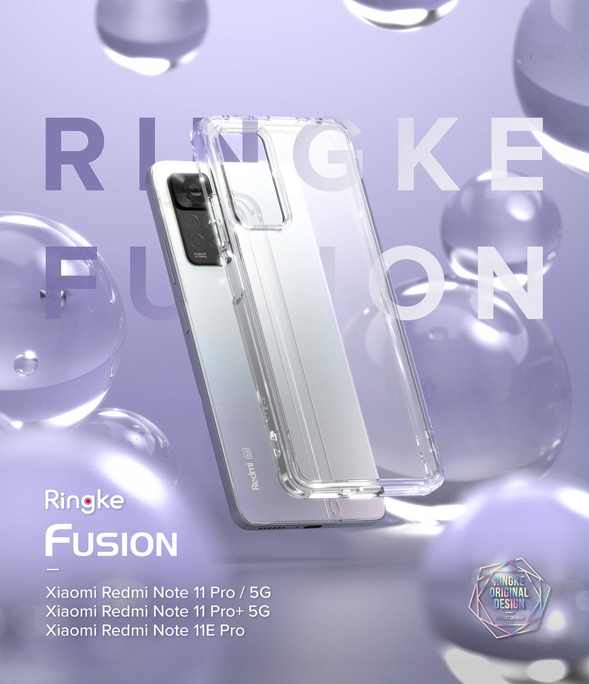 Xiaomi Redmi Note 11 Pro / 11 Pro 5G Case | Fusion - Clear phone case hovering over a silver smartphone on a purple background.