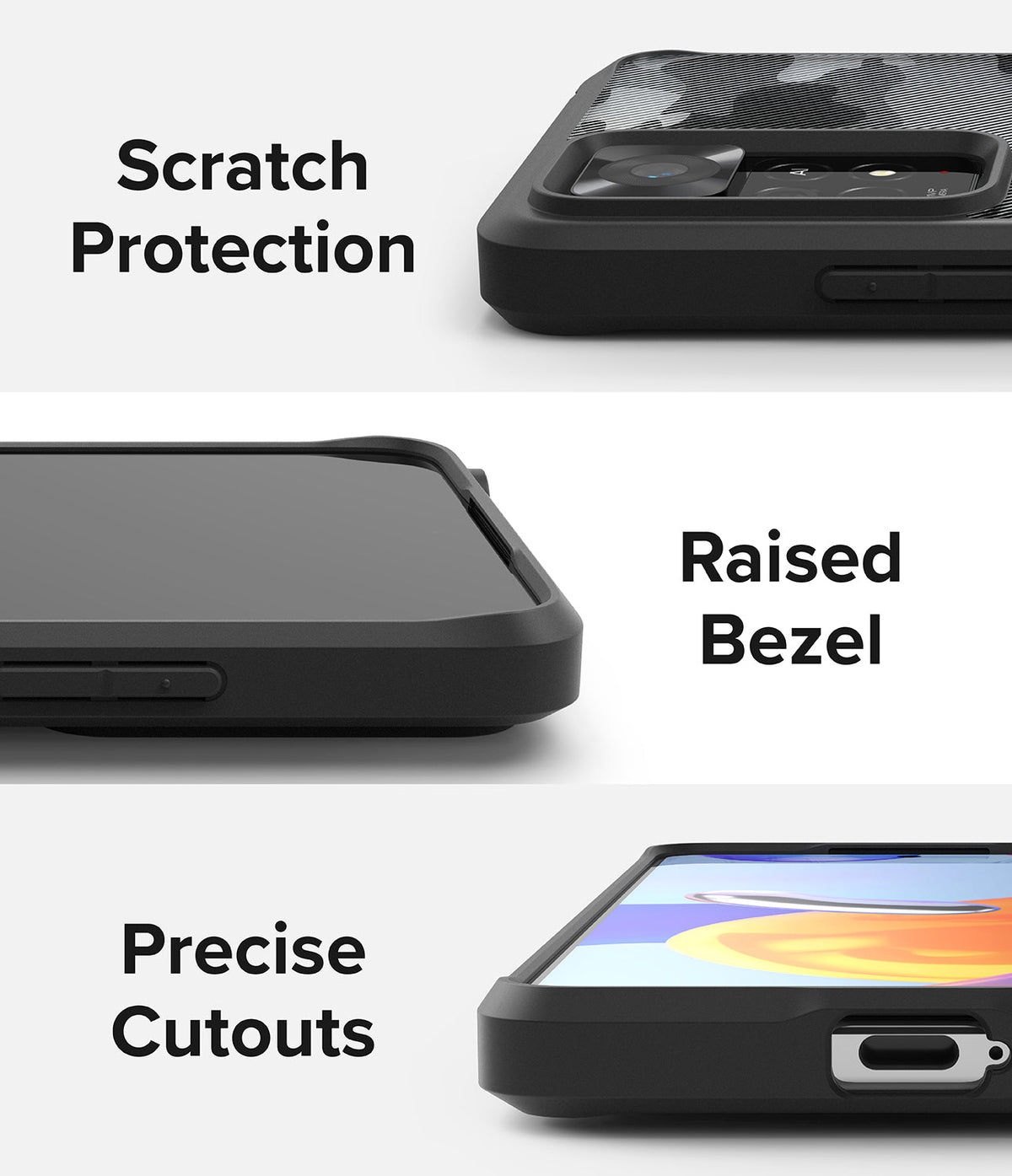 Xiaomi Redmi Note 11 Pro / 11 Pro 5G Case | Fusion - Three panels showing phone case features: camera protection, raised screen bezel, and precise port cutouts.