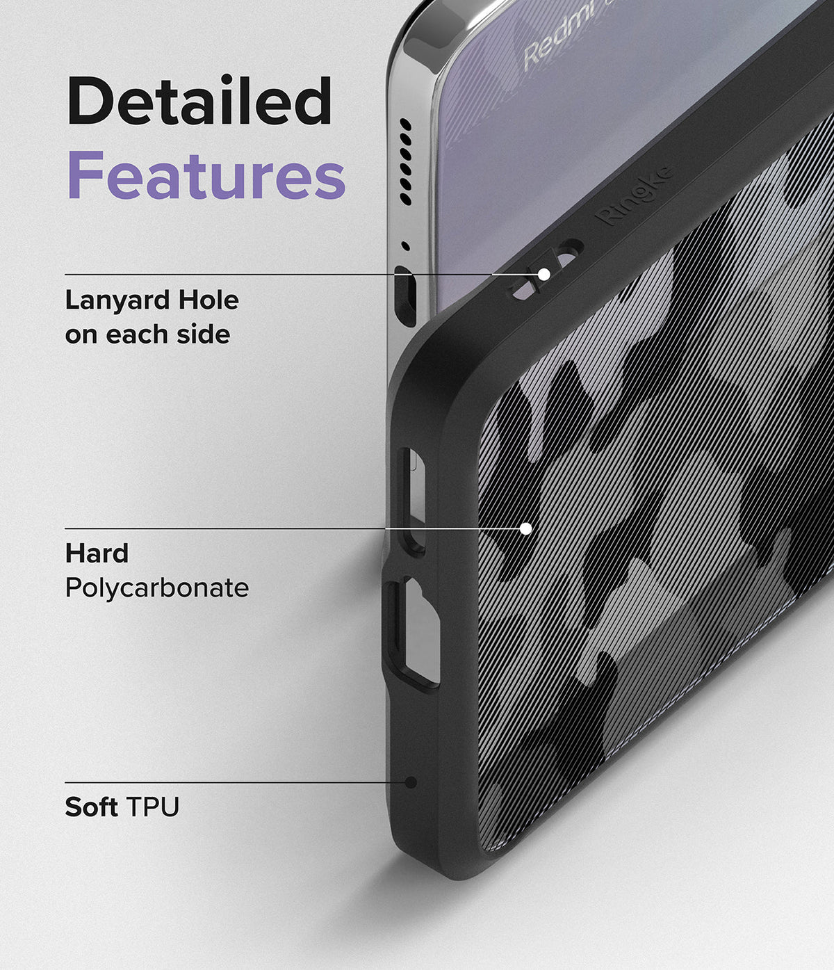 Xiaomi Redmi Note 11 Pro / 11 Pro 5G Case | Fusion - Diagram showing lanyard holes, polycarbonate, and TPU features.