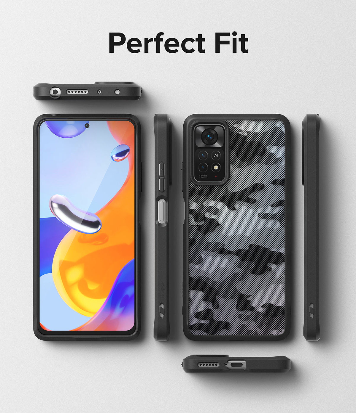 Xiaomi Redmi Note 11 Pro / 11 Pro 5G Case | Fusion - Black camouflage phone case shown from front, back, and sides.