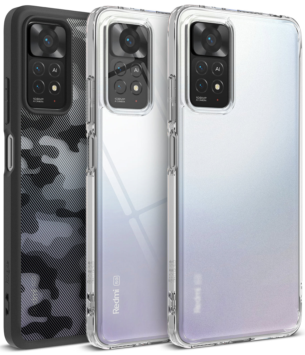 Xiaomi Redmi Note 11 Pro / 11 Pro 5G Case | Fusion - Three phones with black camo and clear gradient protective cases.