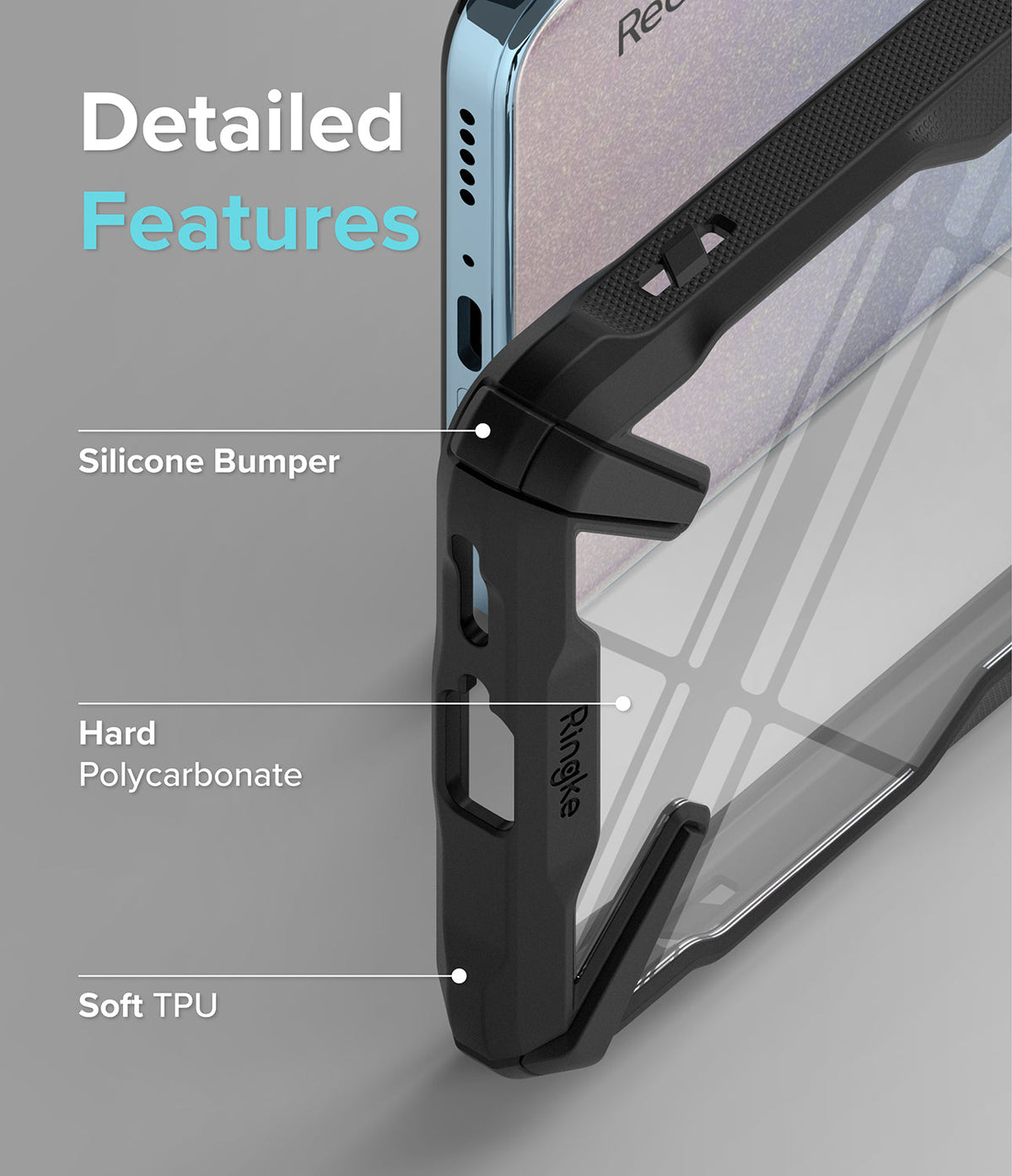 Redmi Note 11 Pro Plus Case | Fusion-X Plus - Redmi Note 11 Pro Plus Case - Fusion-X Plus case showing silicone bumper, hard polycarbonate, and soft TPU material labels.