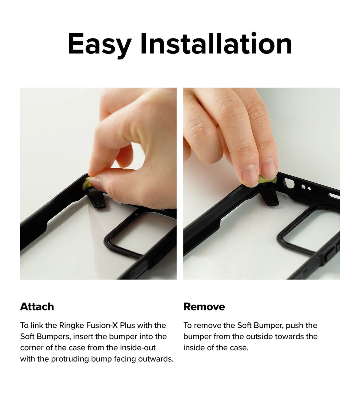 Redmi Note 11 Pro Plus Case | Fusion-X Plus - Two panels showing hands attaching and removing a soft bumper from a phone case.
