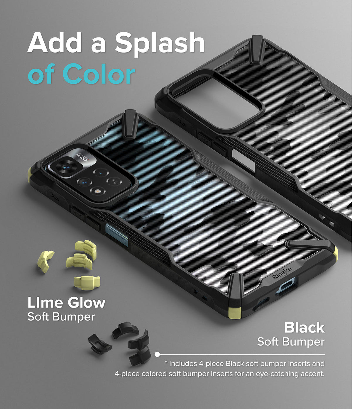 Redmi Note 11 Pro Plus Case | Fusion-X Plus - Camouflage phone case with interchangeable lime and black bumper inserts.