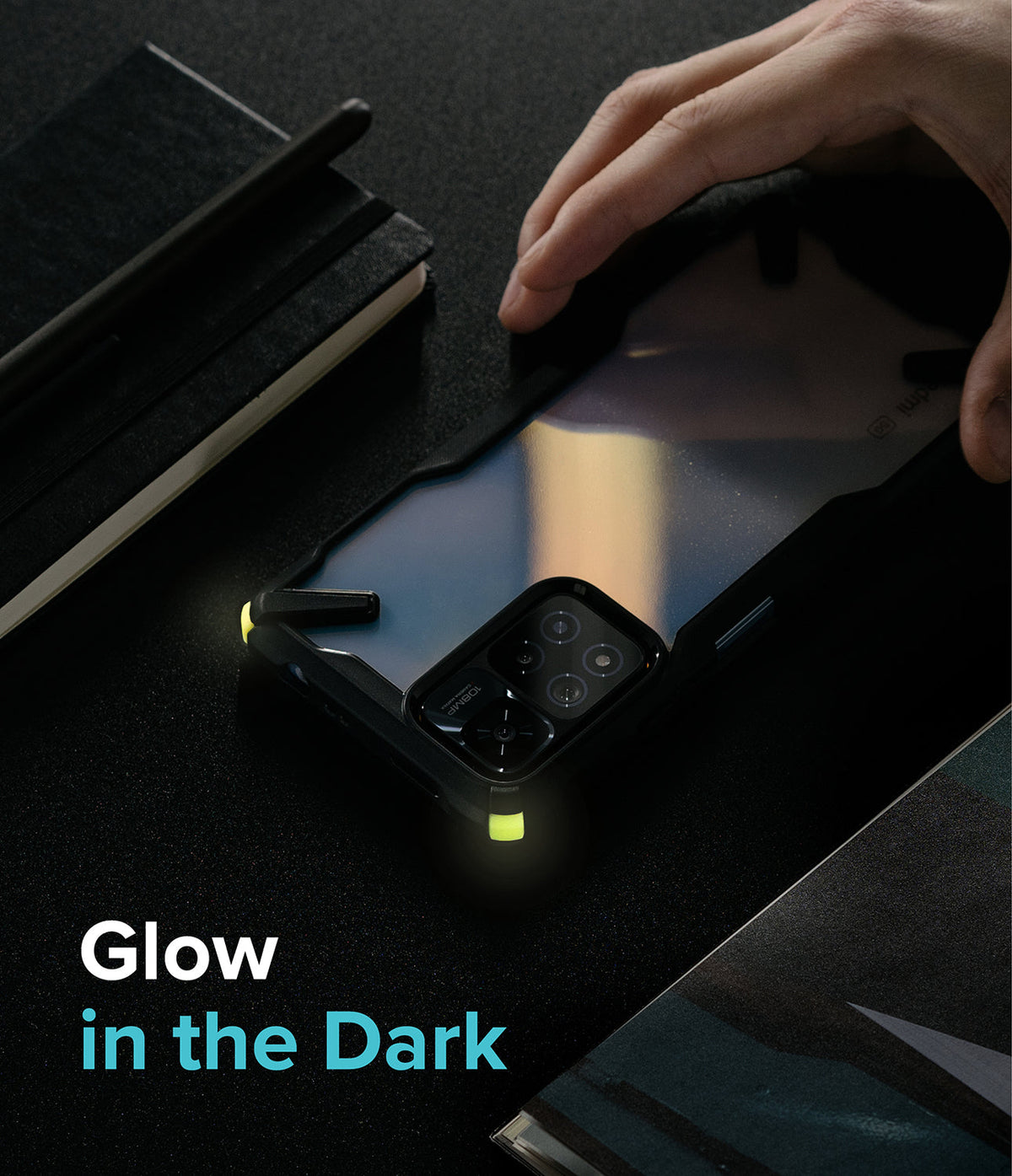 Redmi Note 11 Pro Plus Case | Fusion-X Plus - Redmi Note 11 Pro Plus Case - Hand holding a phone in a black Fusion-X case with glowing neon green corner accents.