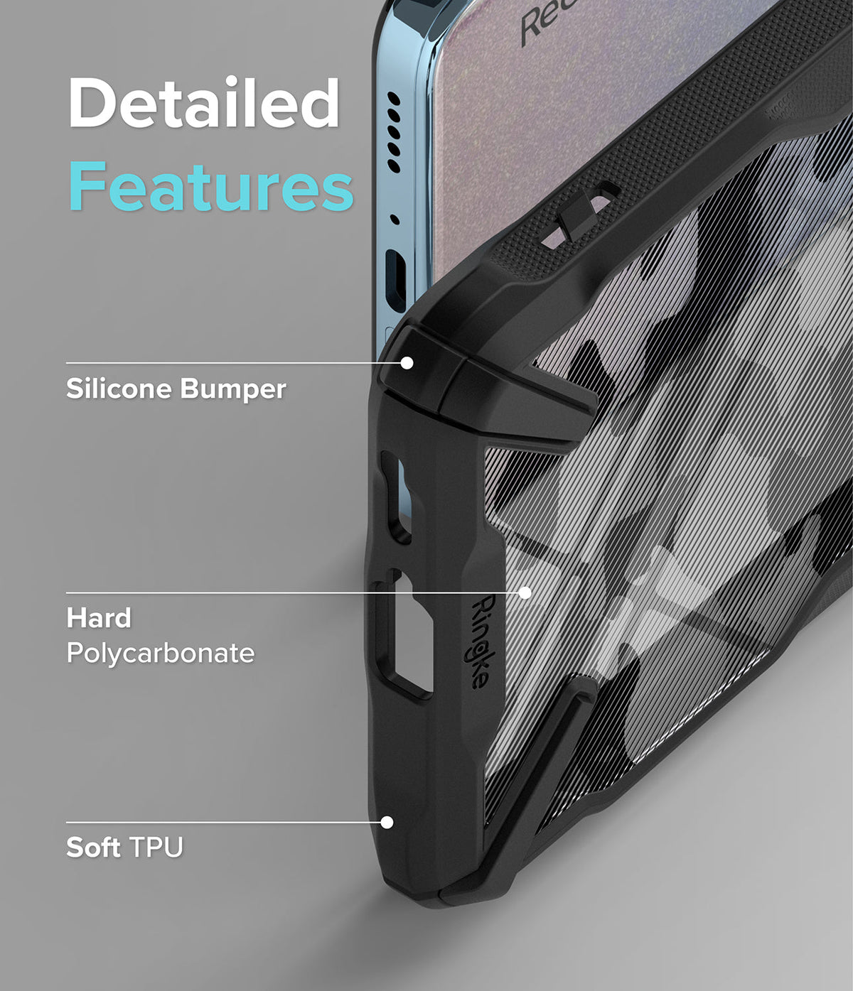 Redmi Note 11 Pro Plus Case | Fusion-X Plus - Close-up of phone case showing silicone bumper, polycarbonate, and TPU.