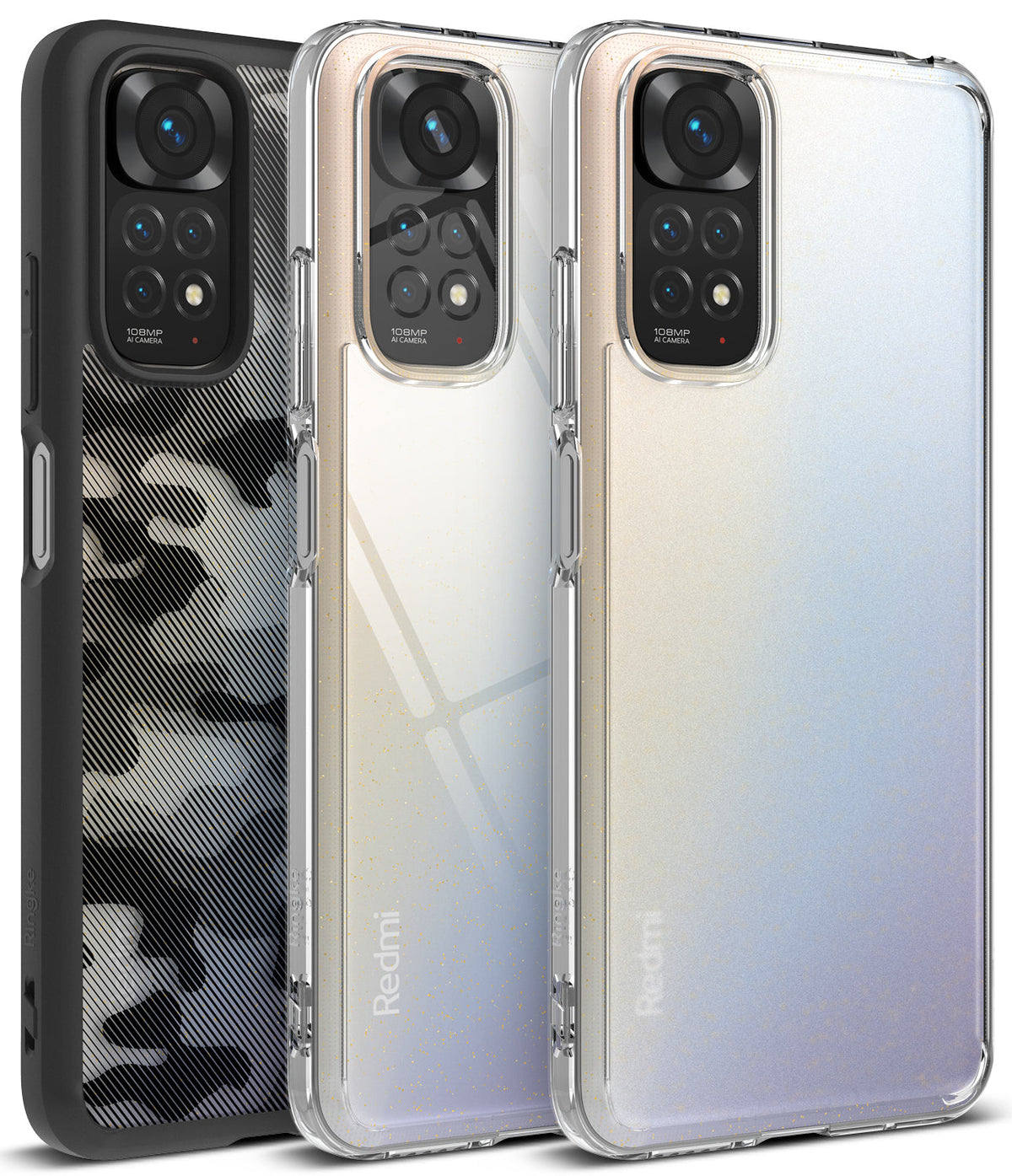 Xiaomi Redmi Note 11 / 11S Case | Fusion - Three Redmi Note 11/11S phones in black camo, clear, and glitter cases.