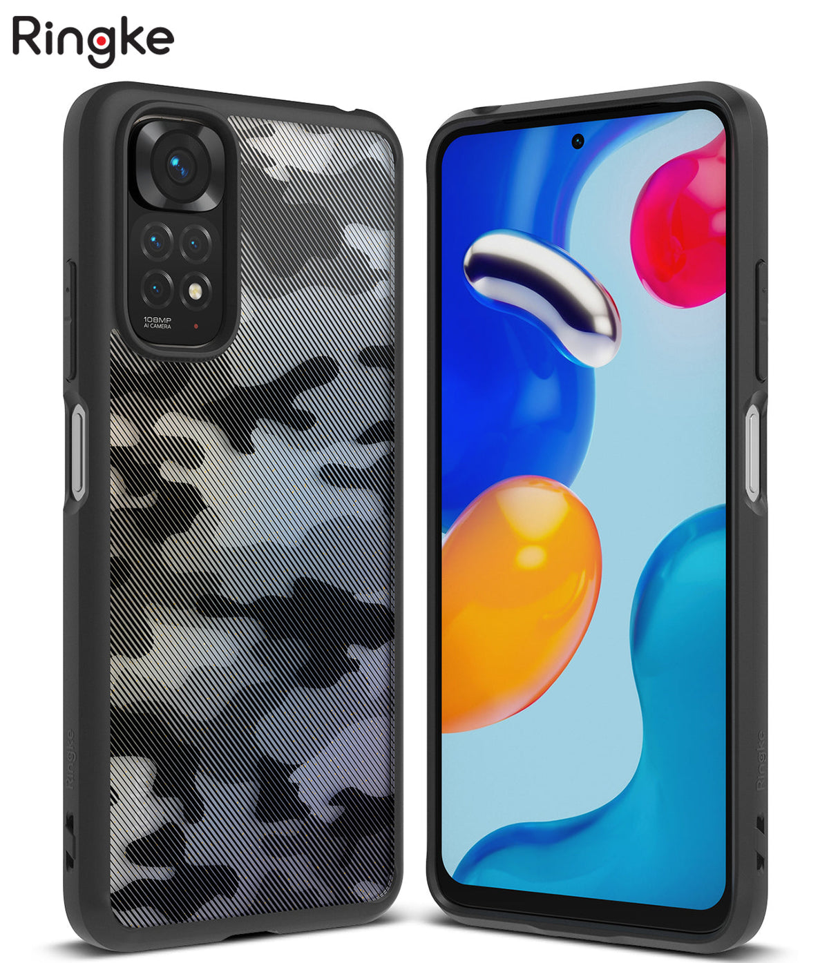 Xiaomi Redmi Note 11 / 11S Case | Fusion - Black camouflage phone case shown from back and front on a smartphone.