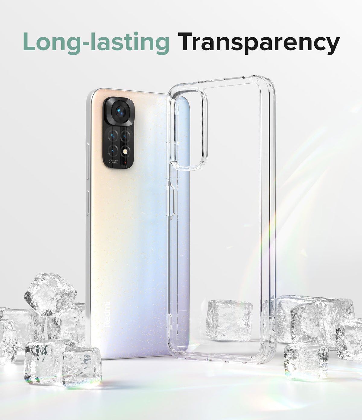 Xiaomi Redmi Note 11 / 11S Case | Fusion - Clear protective case next to a gradient smartphone surrounded by ice cubes.