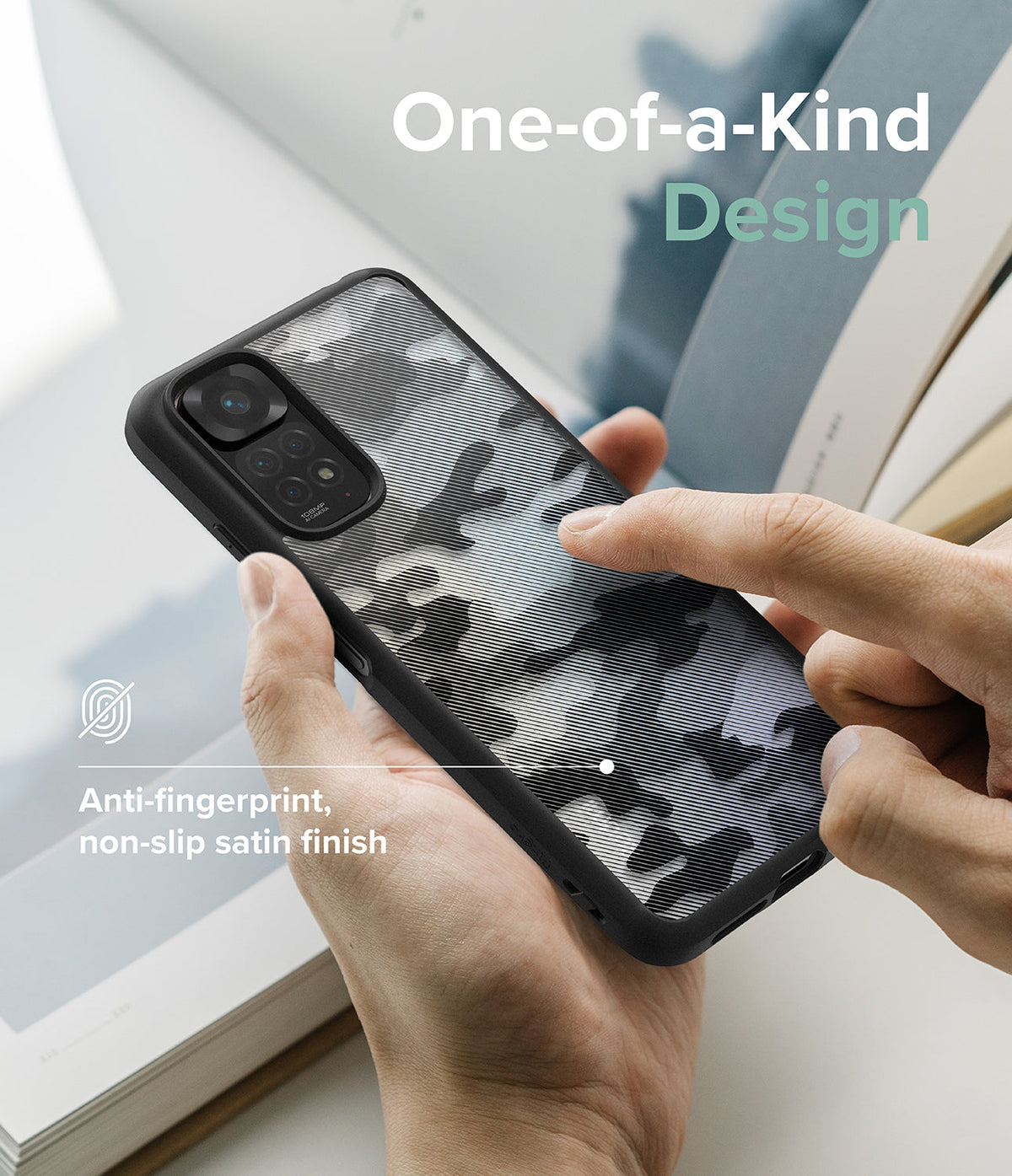 Xiaomi Redmi Note 11 / 11S Case | Fusion - Hand holding a phone with a black and white camo pattern case and satin finish.