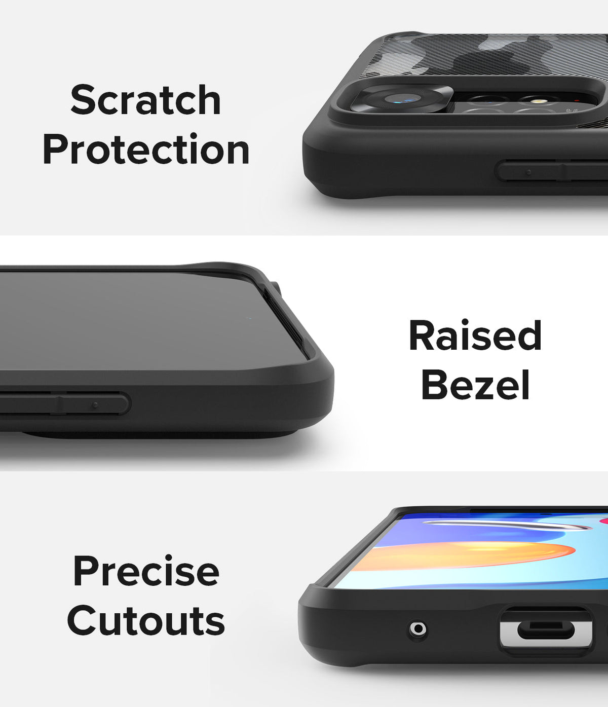 Xiaomi Redmi Note 11 / 11S Case | Fusion - Close-ups showing camera scratch protection, raised screen bezel, and port cutouts.