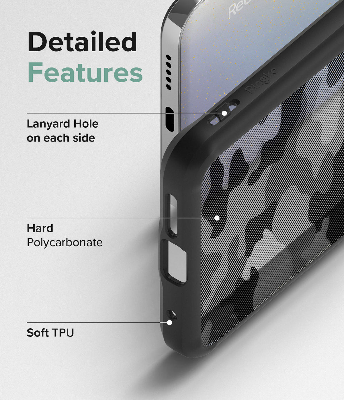 Xiaomi Redmi Note 11 / 11S Case | Fusion - Close-up of phone case features highlighting lanyard holes, polycarbonate, and TPU.