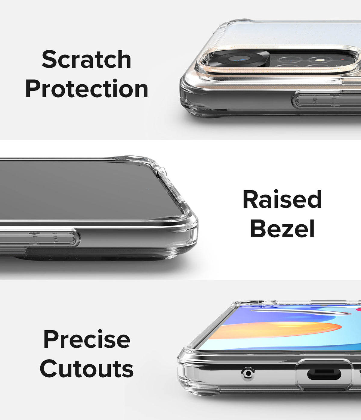 Xiaomi Redmi Note 11 / 11S Case | Fusion - Close-ups showing camera scratch protection, raised screen bezel, and precise port cutouts.