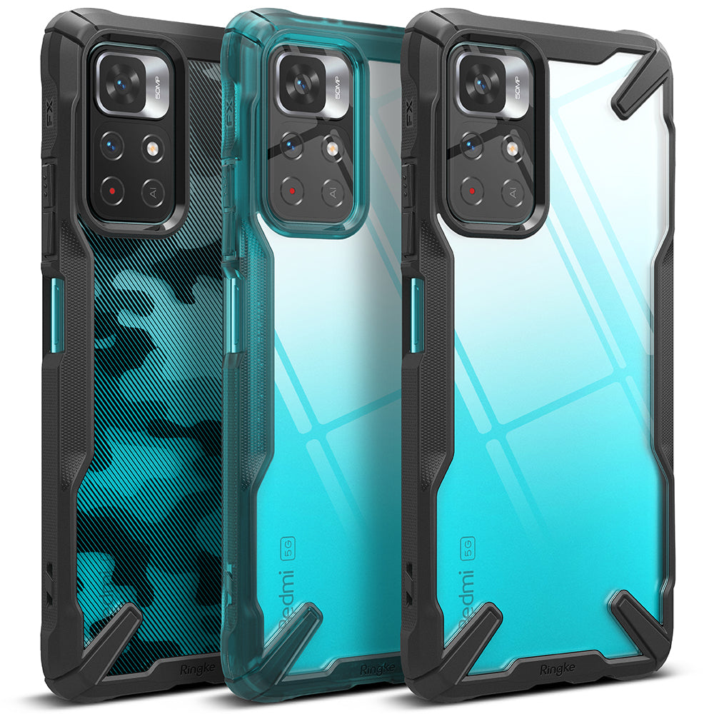 Redmi Note 11T 5G / Poco M4 Pro 5G Case | Fusion-X - Three rugged phone cases with clear, camo, and blue gradient backs.